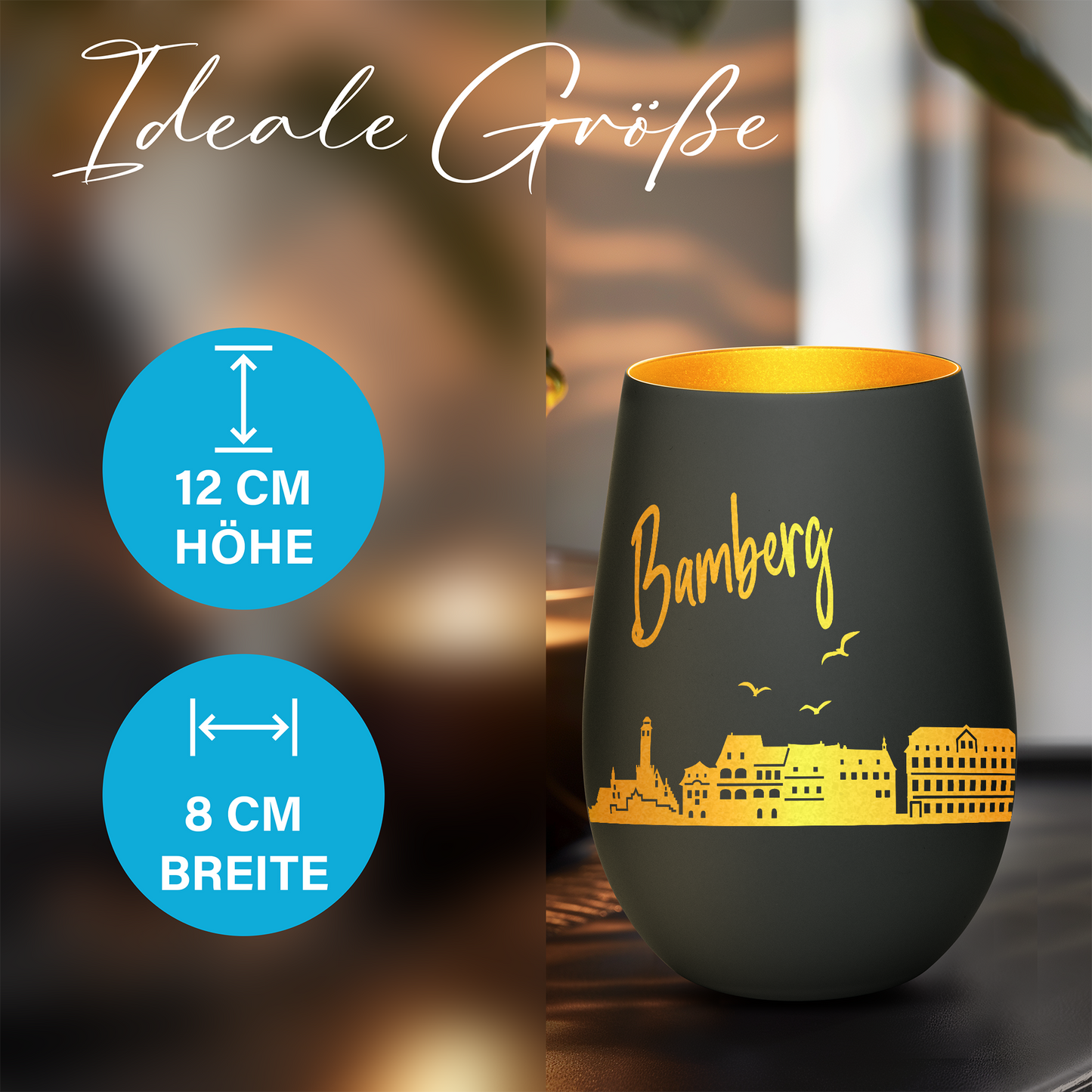 Hochwertiges Glas Windlicht mit Gravur "SKYLINE BAMBERG" in der Farbe Schwarz/Gold