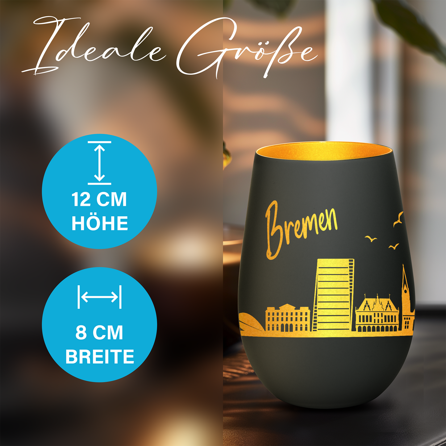 Hochwertiges Glas Windlicht mit Gravur "SKYLINE BREMEN" in der Farbe Schwarz/Gold
