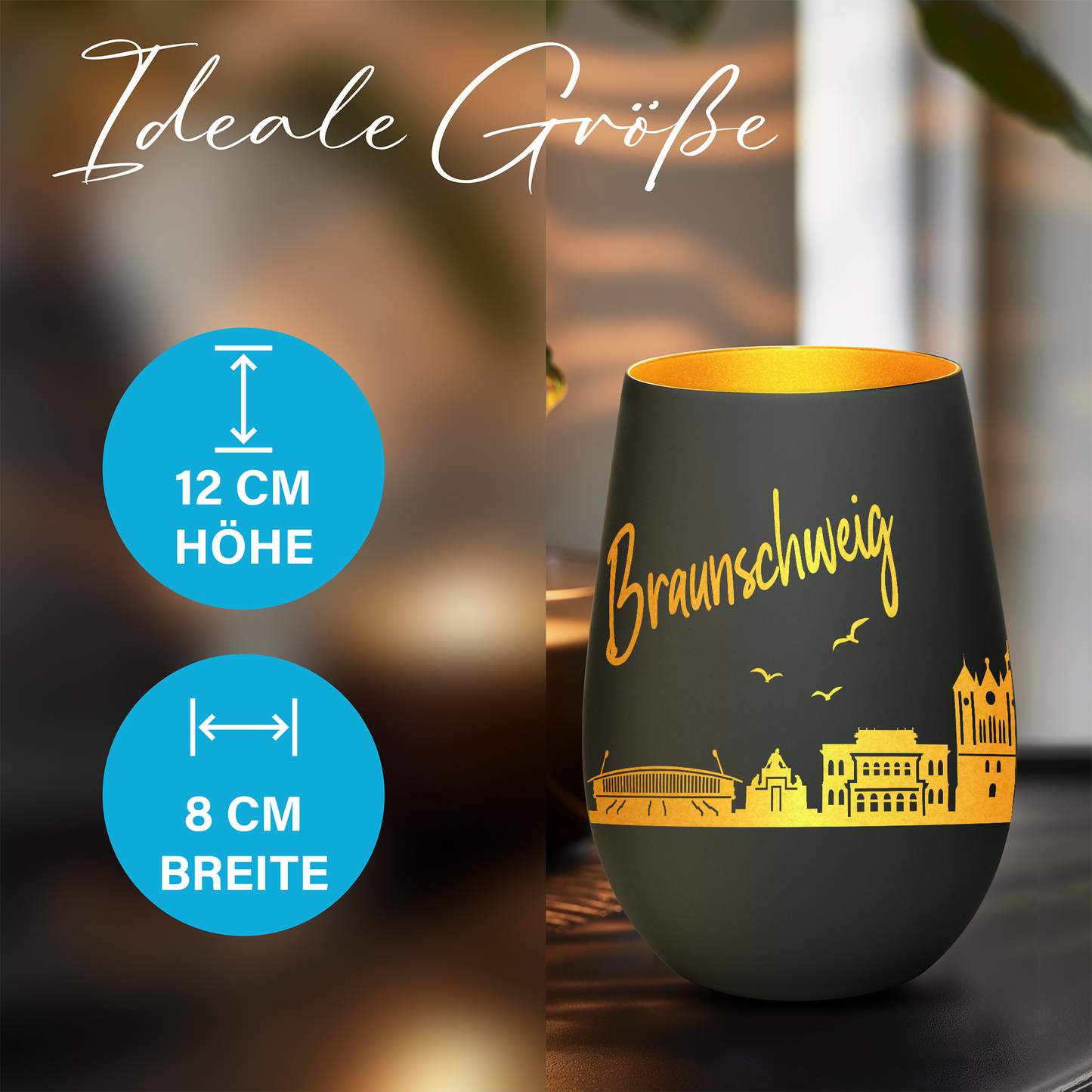 Hochwertiges Glas Windlicht mit Gravur "SKYLINE BRAUNSCHWEIG" in der Farbe Schwarz/Gold