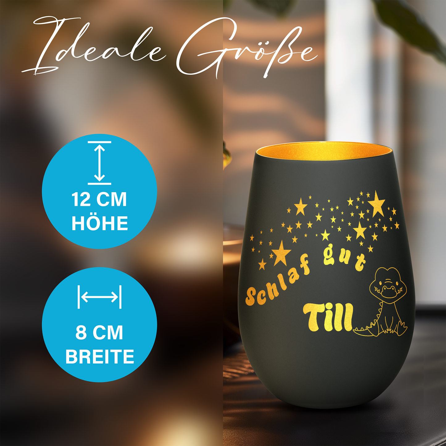 Hochwertiges Glas Windlicht für Kinder mit Gravur "SCHLAF GUT" Motiv Krokodil mit Wunschname in der Farbe Schwarz/Gold