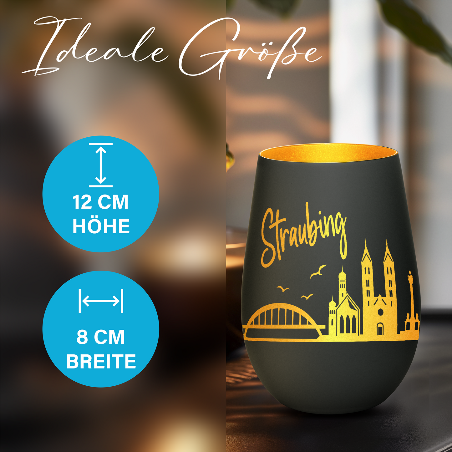Hochwertiges Glas Windlicht mit Gravur "SKYLINE STRAUBING" in der Farbe Schwarz/Gold