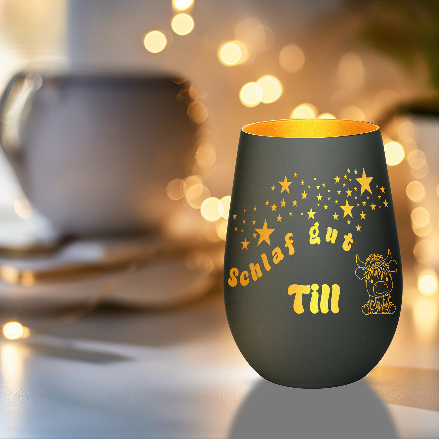 Hochwertiges Glas Windlicht für Kinder mit Gravur "SCHLAF GUT" Motiv Bison mit Wunschname in der Farbe Schwarz/Gold
