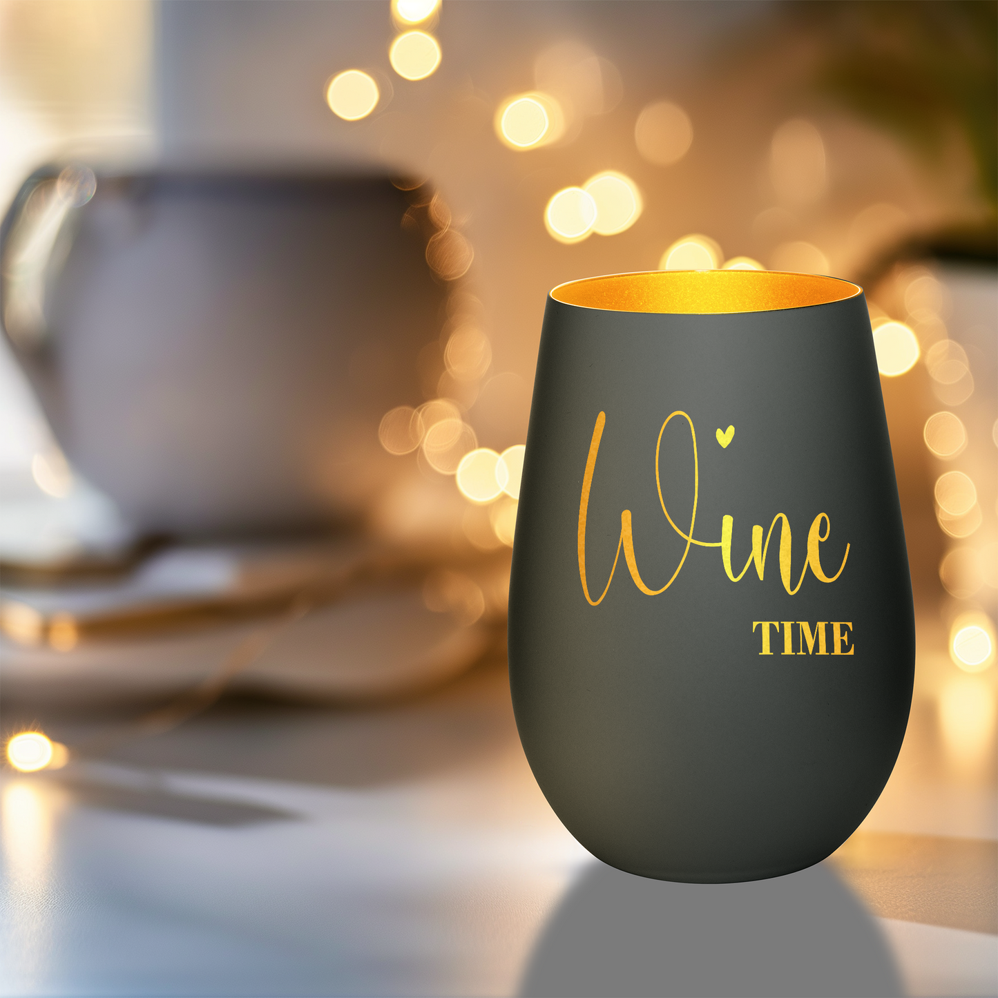 Hochwertiges Glas Windlicht mit Gravur "WINE TIME" in der Farbe Schwarz/Gold
