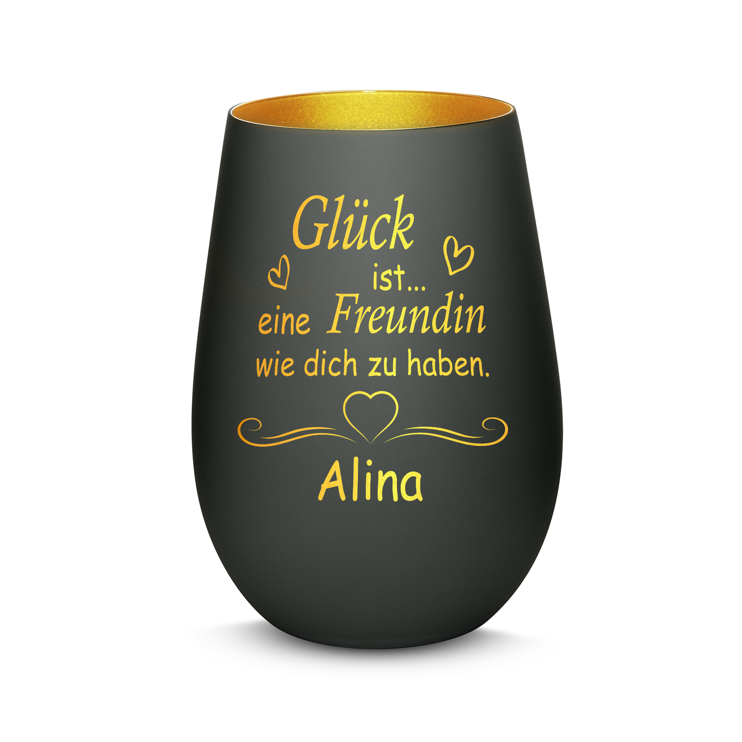 Hochwertiges Glas Windlicht mit Gravur "GLÜCK IST EINE FREUNDIN WIE DICH ZU HABEN" mit Wunschname in der Farbe Schwarz/Gold