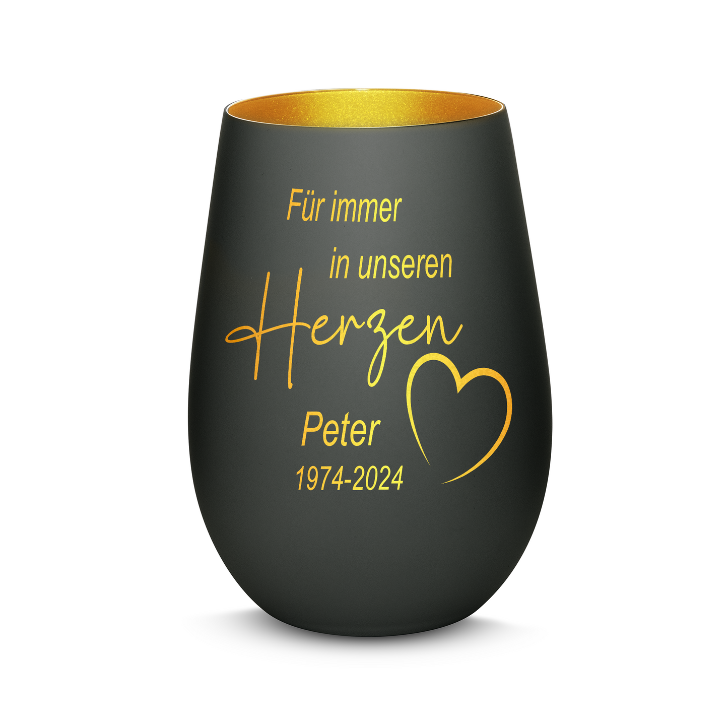 Hochwertiges Glas Windlicht mit Gravur als Trauerlicht "FÜR IMMER IN UNSEREN HERZEN" mit Wunschname in der Farbe Schwarz/Gold