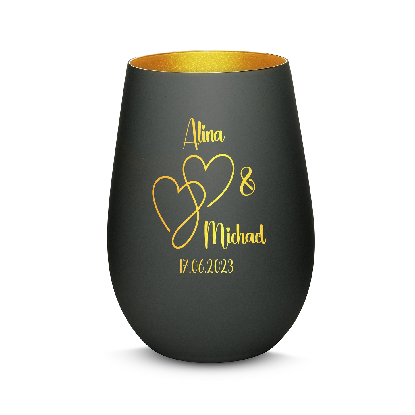 Hochwertiges Glas Windlicht mit Gravur "LIEBES WINDLICHT HERZ2" mit Wunschnamen und Datum in der Farbe Schwarz/Gold