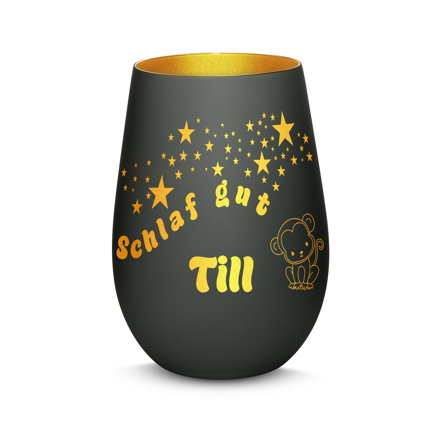 Hochwertiges Glas Windlicht für Kinder mit Gravur "SCHLAF GUT" Motiv Affe mit Wunschname in der Farbe Schwarz/Gold