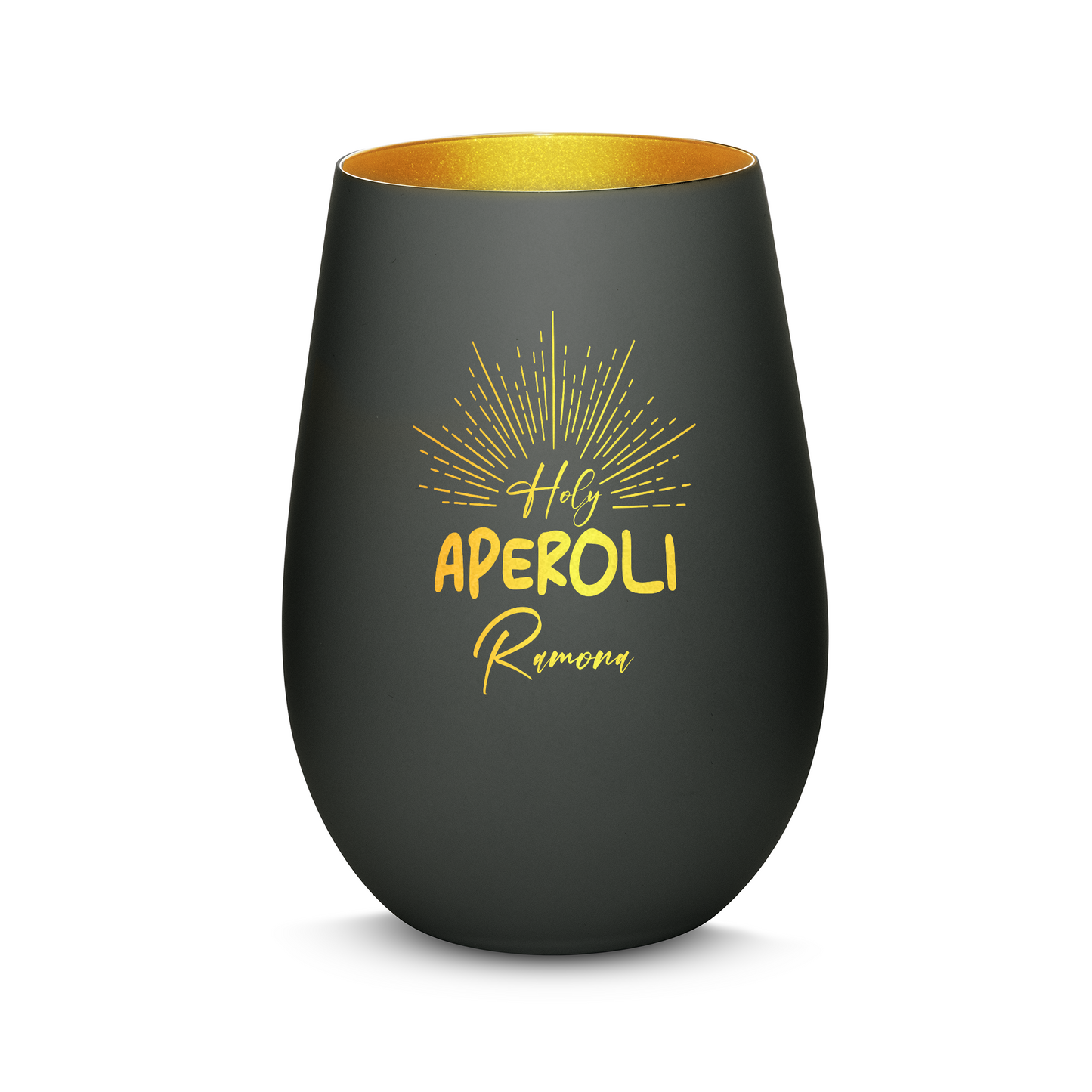 Hochwertiges Glas Windlicht mit Gravur "HOLY APEROLI" mit Wunschname in der Farbe Schwarz/Gold