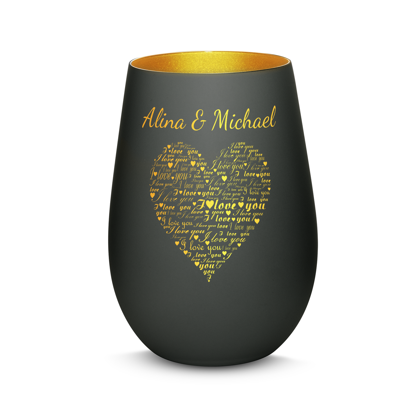 Hochwertiges Glas Windlicht mit Gravur "I LOVE YOU" mit Wunschnamen in der Farbe Schwarz/Gold