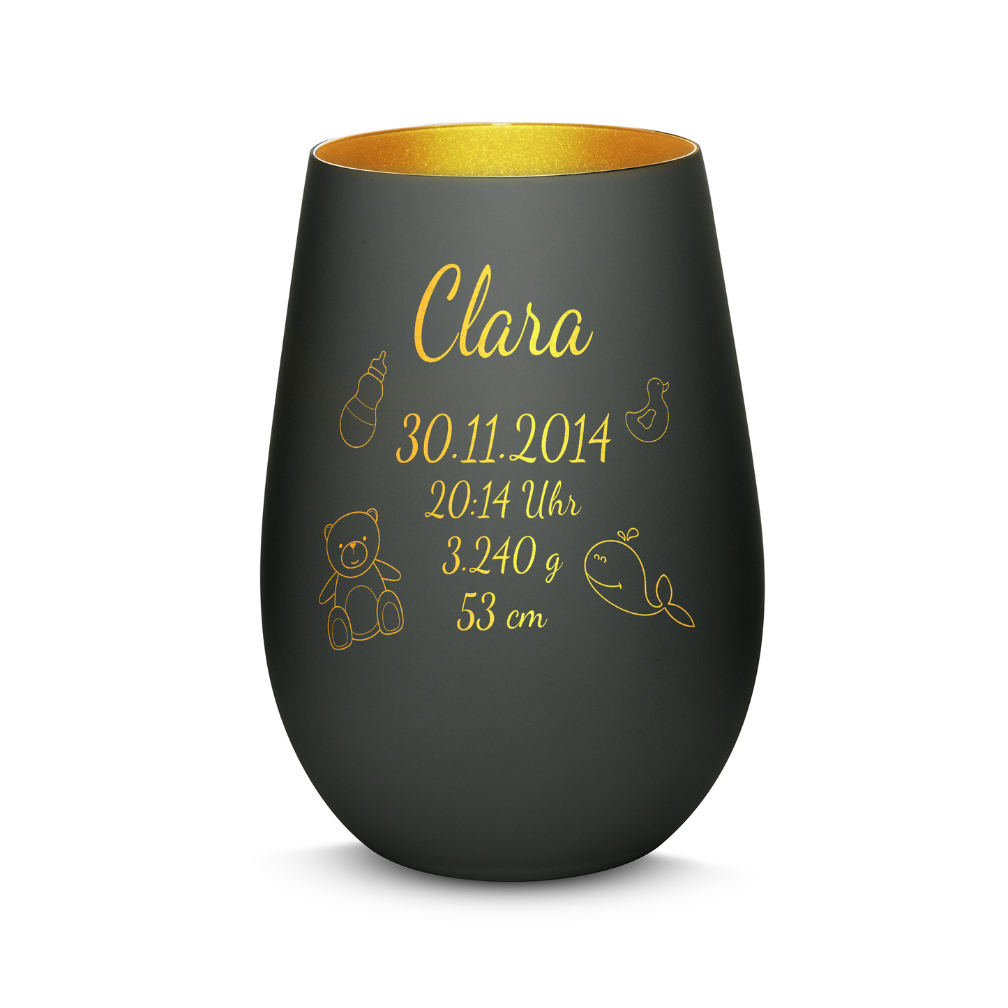 Hochwertiges Glas Windlicht mit Gravur "ZUR GEBURT" mit Wunschname und Datum in der Farbe Schwarz/Gold