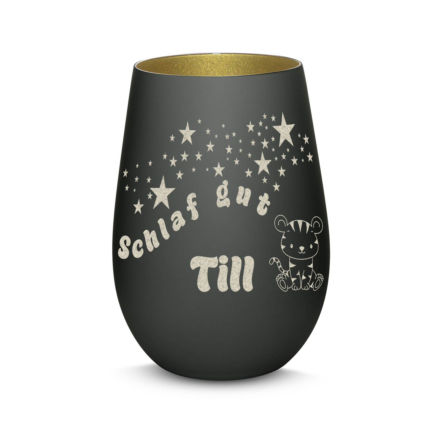 Hochwertiges Glas Windlicht für Kinder mit Gravur "SCHLAF GUT" Motiv Tiger mit Wunschname in der Farbe Schwarz/Gold