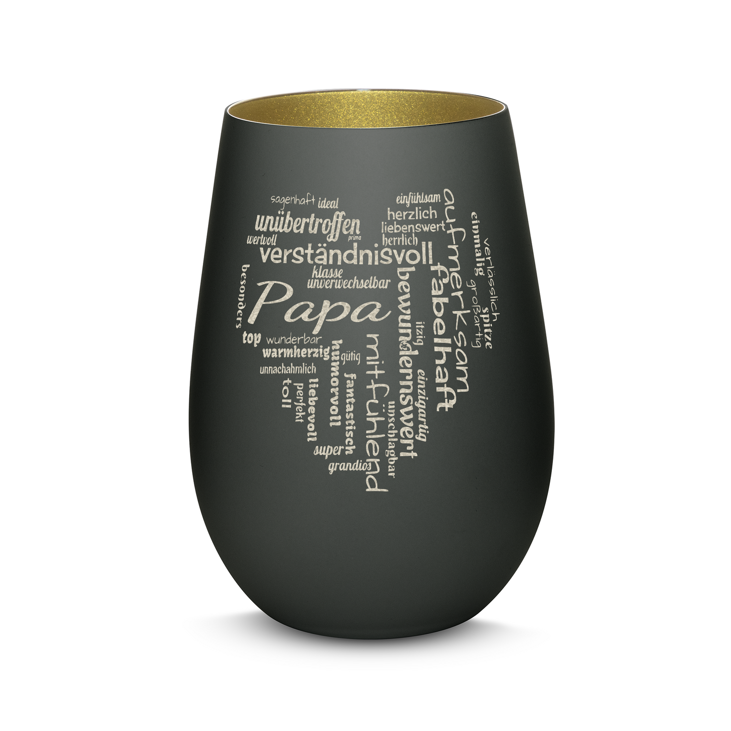 Hochwertiges Glas Windlicht mit Gravur "PAPA GROßES HERZ" in der Farbe Schwarz/Gold