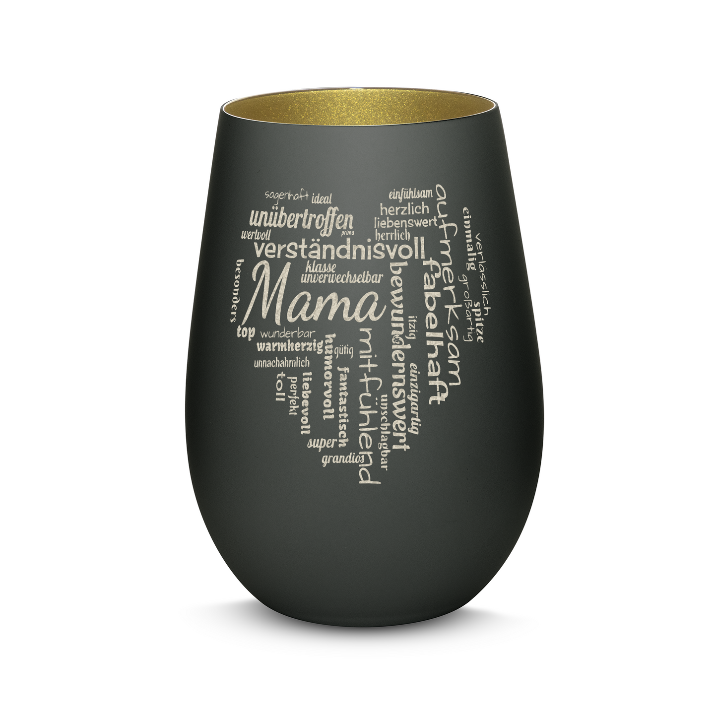 Hochwertiges Glas Windlicht mit Gravur "MAMA GROßES HERZ" in der Farbe Schwarz/Gold