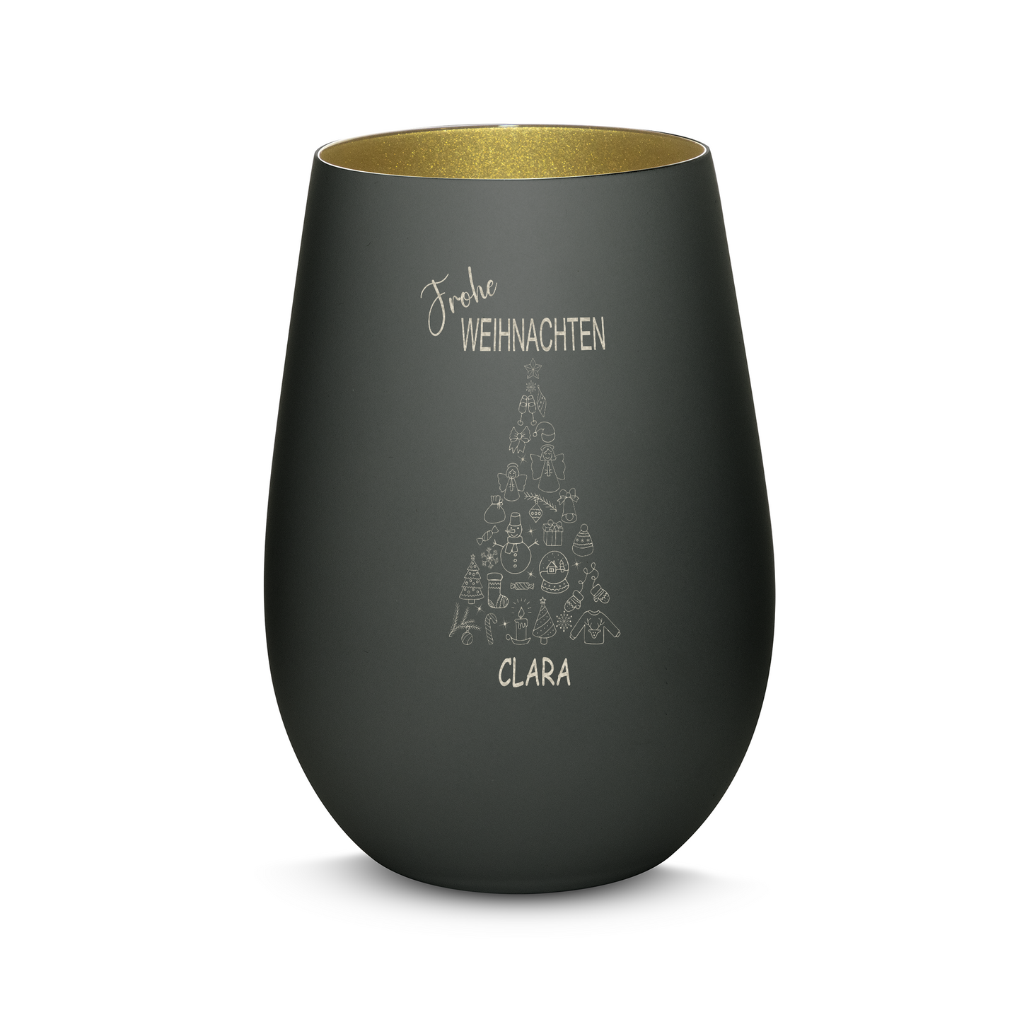 Hochwertiges Glas Windlicht mit Gravur "FROHE WEIHNACHTEN" mit Wunschname in der Farbe Schwarz/Gold