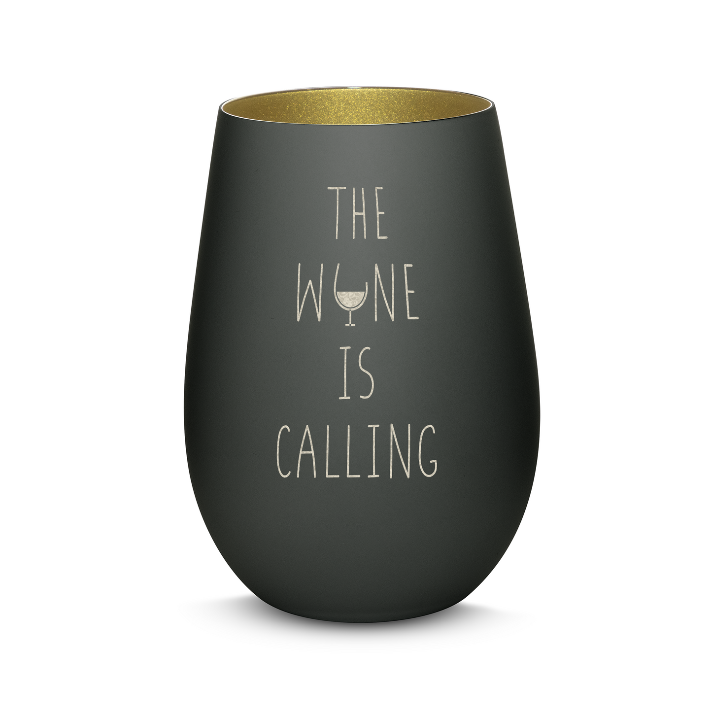 Hochwertiges Glas Windlicht mit Gravur "THE WINE IS CALLING" in der Farbe Schwarz/Gold