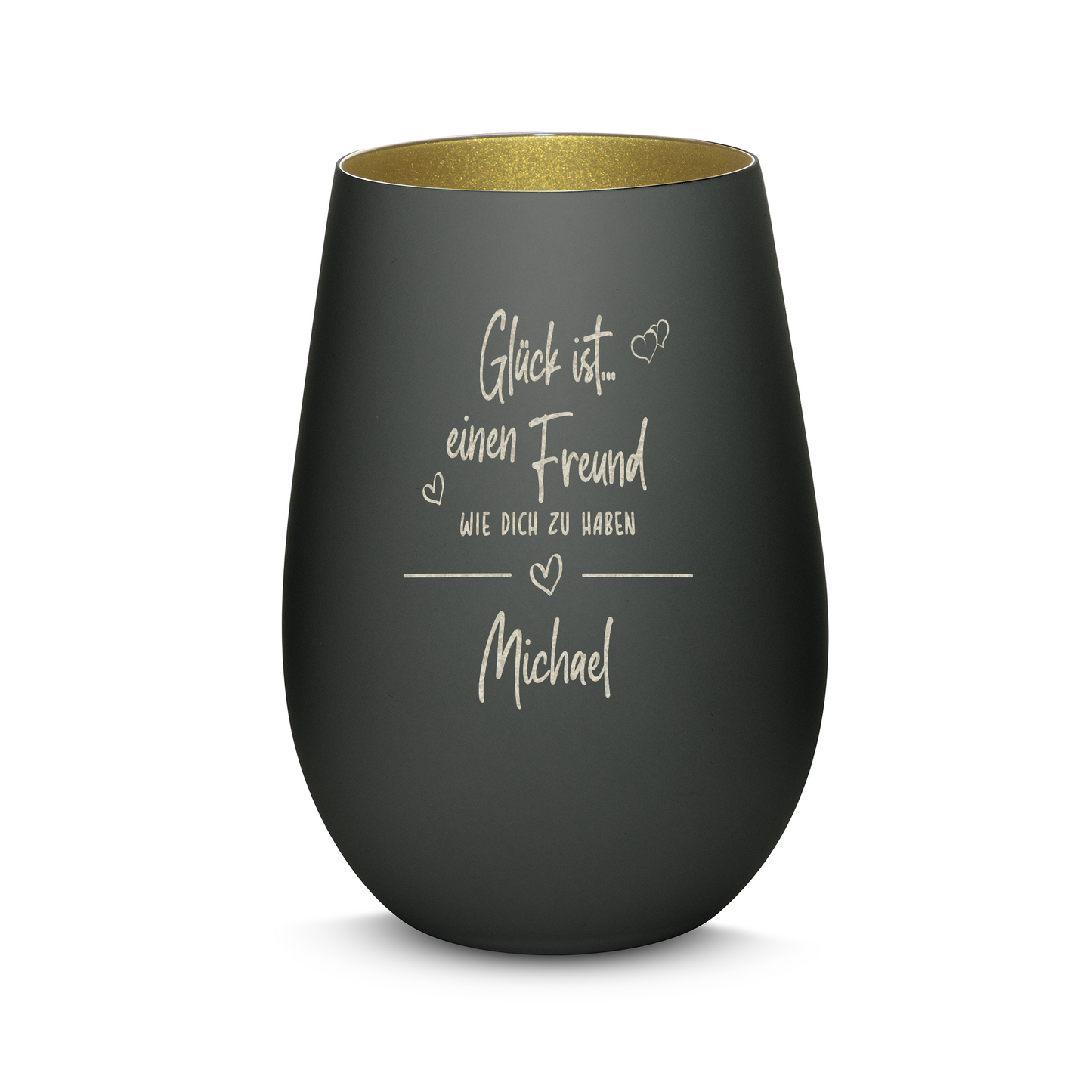 Hochwertiges Glas Windlicht mit Gravur "GLÜCK IST EINEN FREUND WIE DICH ZU HABEN" mit Wunschname in der Farbe Schwarz/Gold