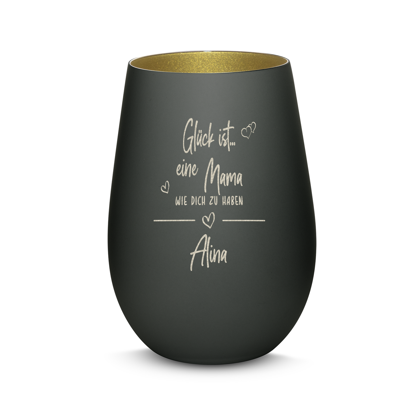 Hochwertiges Glas Windlicht mit Gravur "GLÜCK IST EINE MAMA WIE DICH ZU HABEN" mit Wunschname in der Farbe Schwarz/Gold