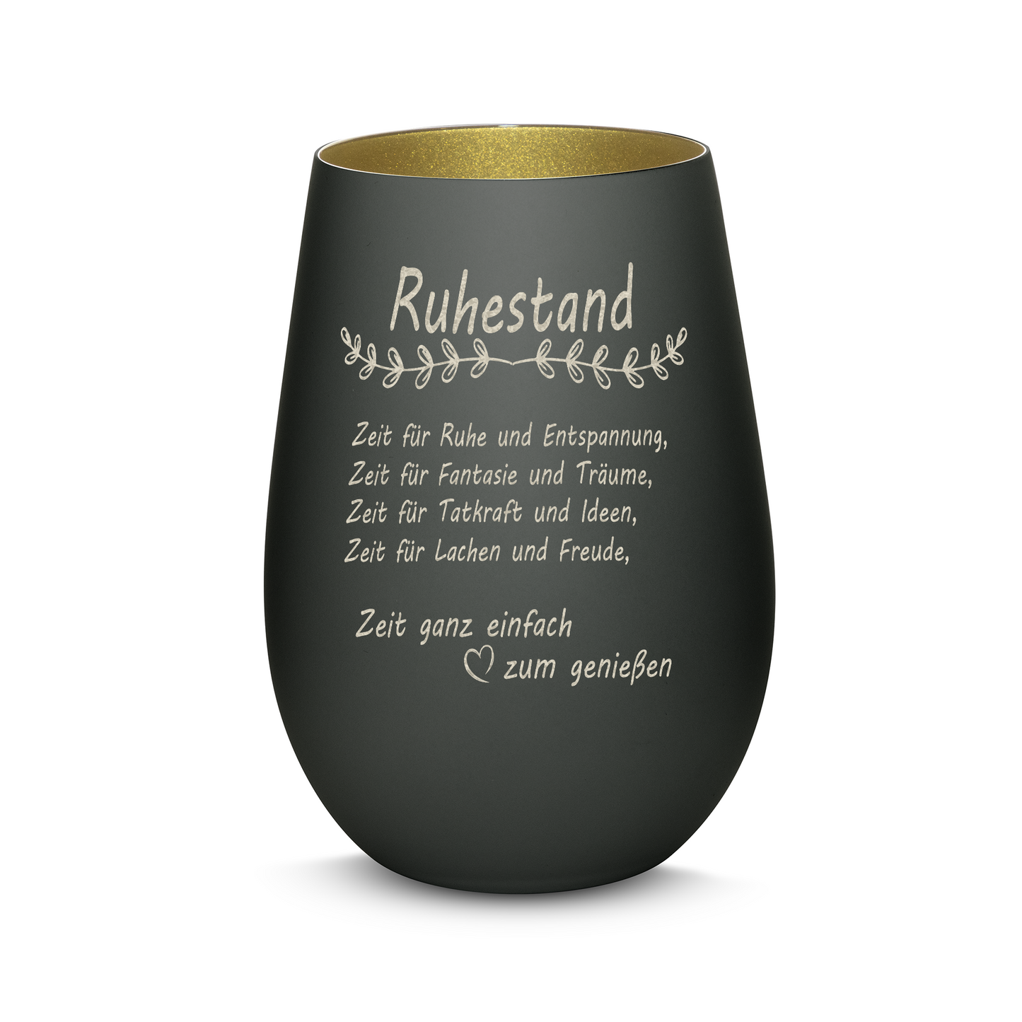 Hochwertiges Glas Windlicht mit Gravur "ALLES GUTE ZUM RUHESTAND" in der Farbe Schwarz/Gold