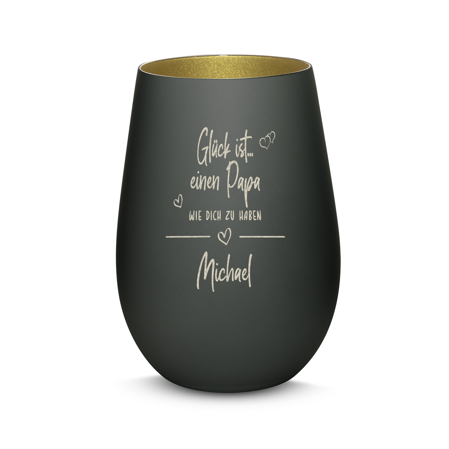 Hochwertiges Glas Windlicht mit Gravur "GLÜCK IST EINEN PAPA WIE DICH ZU HABEN" mit Wunschname in der Farbe Schwarz/Gold