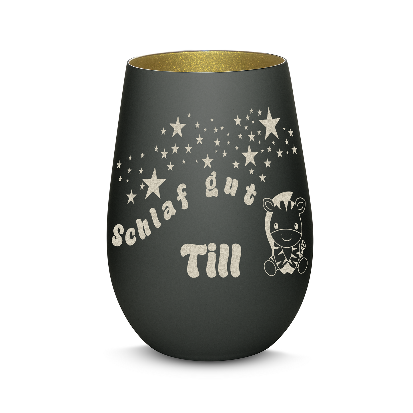 Hochwertiges Glas Windlicht für Kinder mit Gravur "SCHLAF GUT" Motiv Zebra mit Wunschname in der Farbe Schwarz/Gold