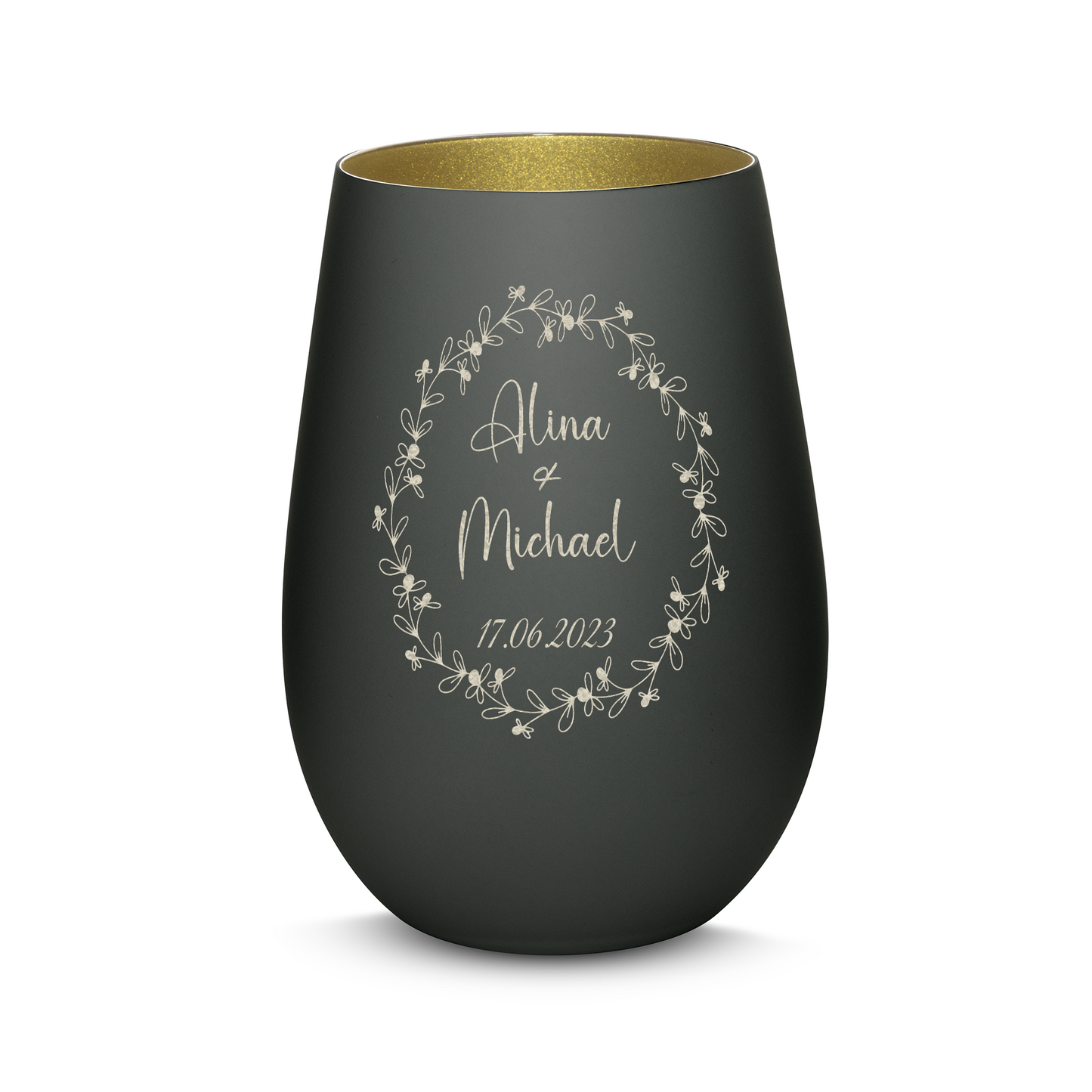 Hochwertiges Glas Windlicht mit Gravur "JAHRESTAG MIT BLUMENKRANZ" mit Wunschnamen und Datum in der Farbe Schwarz/Gold