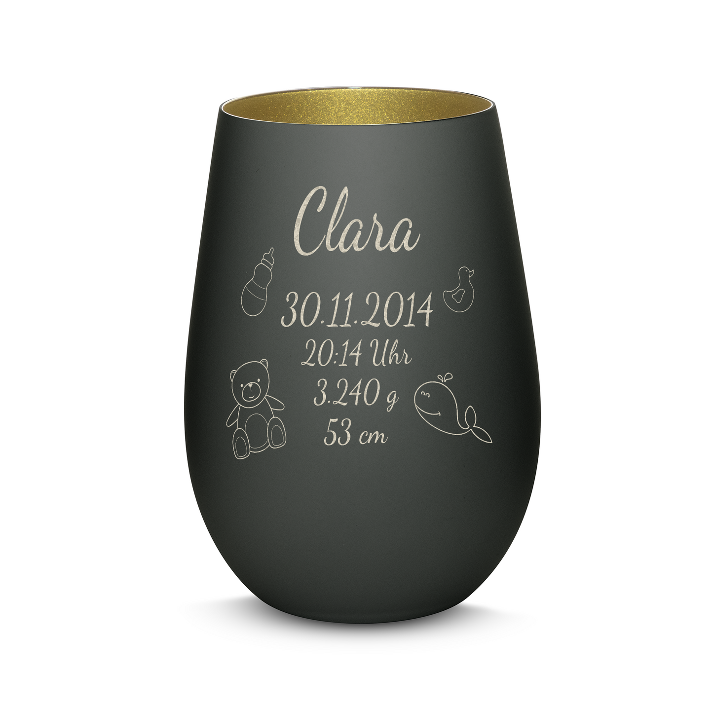Hochwertiges Glas Windlicht mit Gravur "ZUR GEBURT" mit Wunschname und Datum in der Farbe Schwarz/Gold