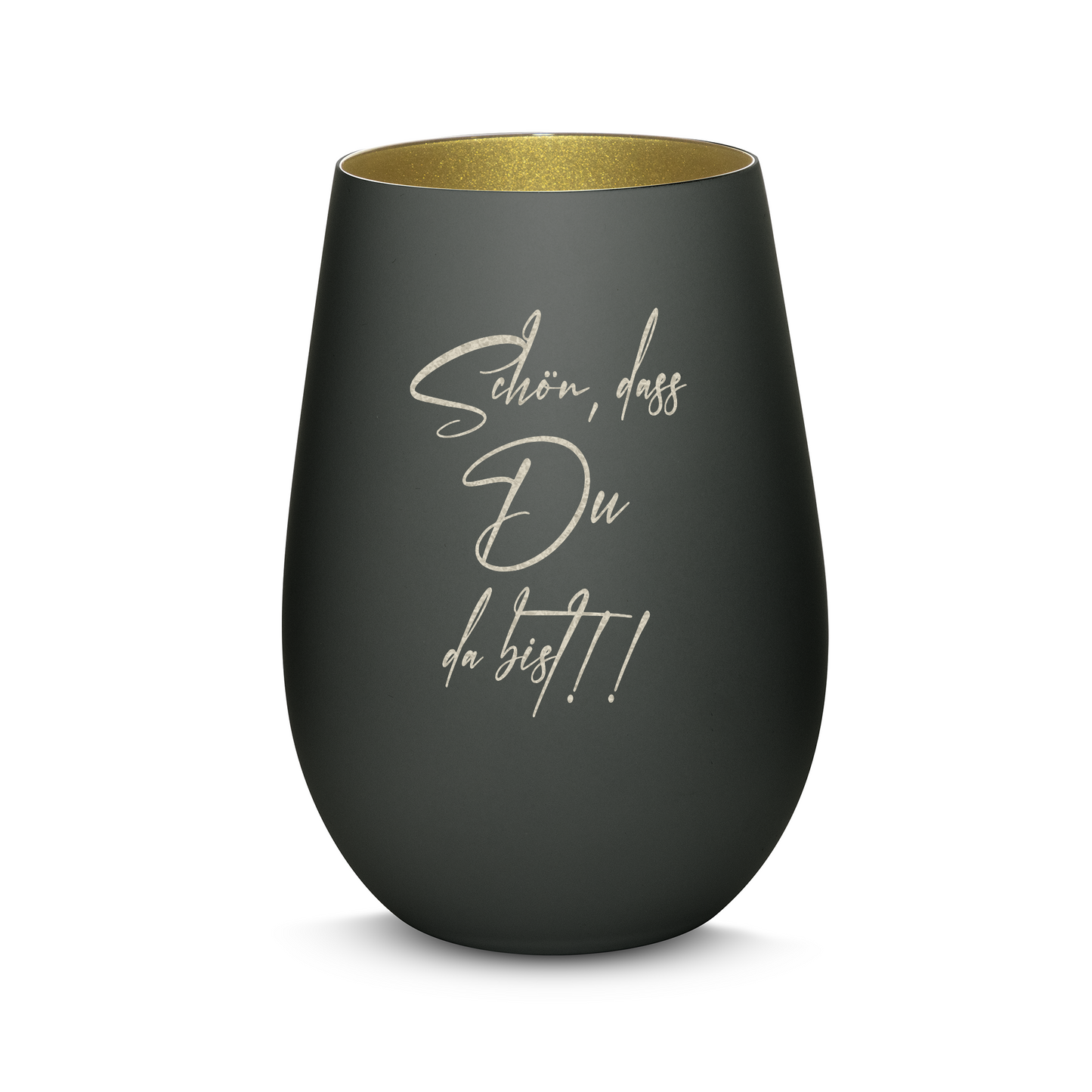 Hochwertiges Glas Windlicht mit Gravur "SCHÖN, DASS DU DA BIST" in der Farbe Schwarz/Gold