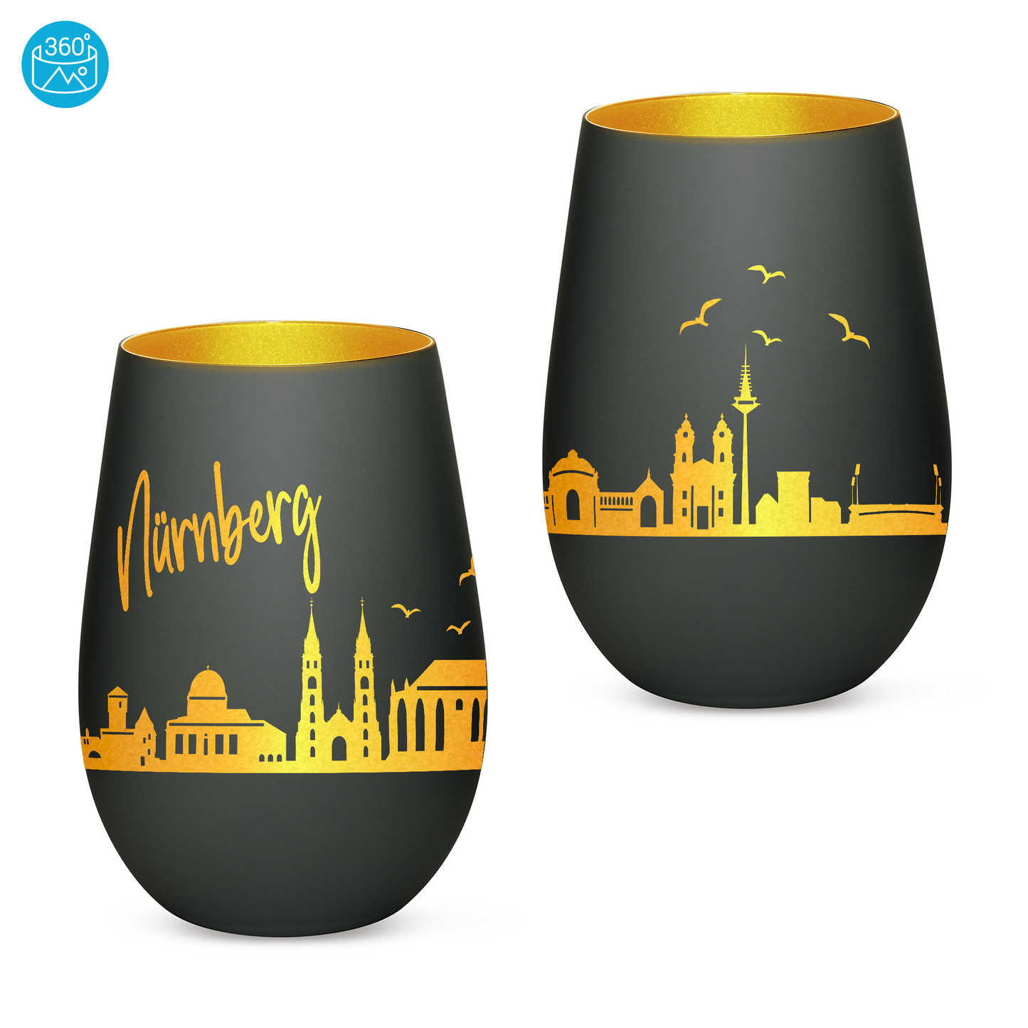 Hochwertiges Glas Windlicht mit Gravur "SKYLINE NÜRNBERG" in der Farbe Schwarz/Gold