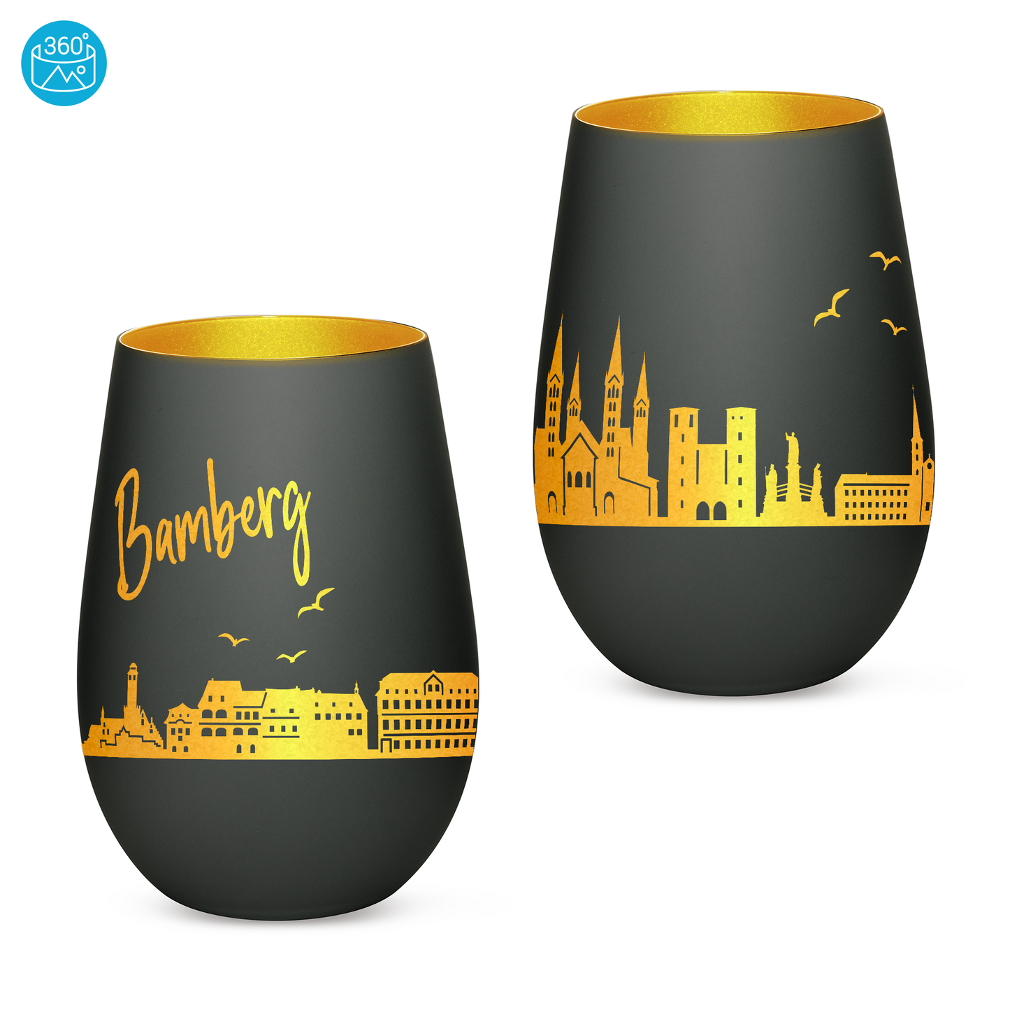 Hochwertiges Glas Windlicht mit Gravur "SKYLINE BAMBERG" in der Farbe Schwarz/Gold
