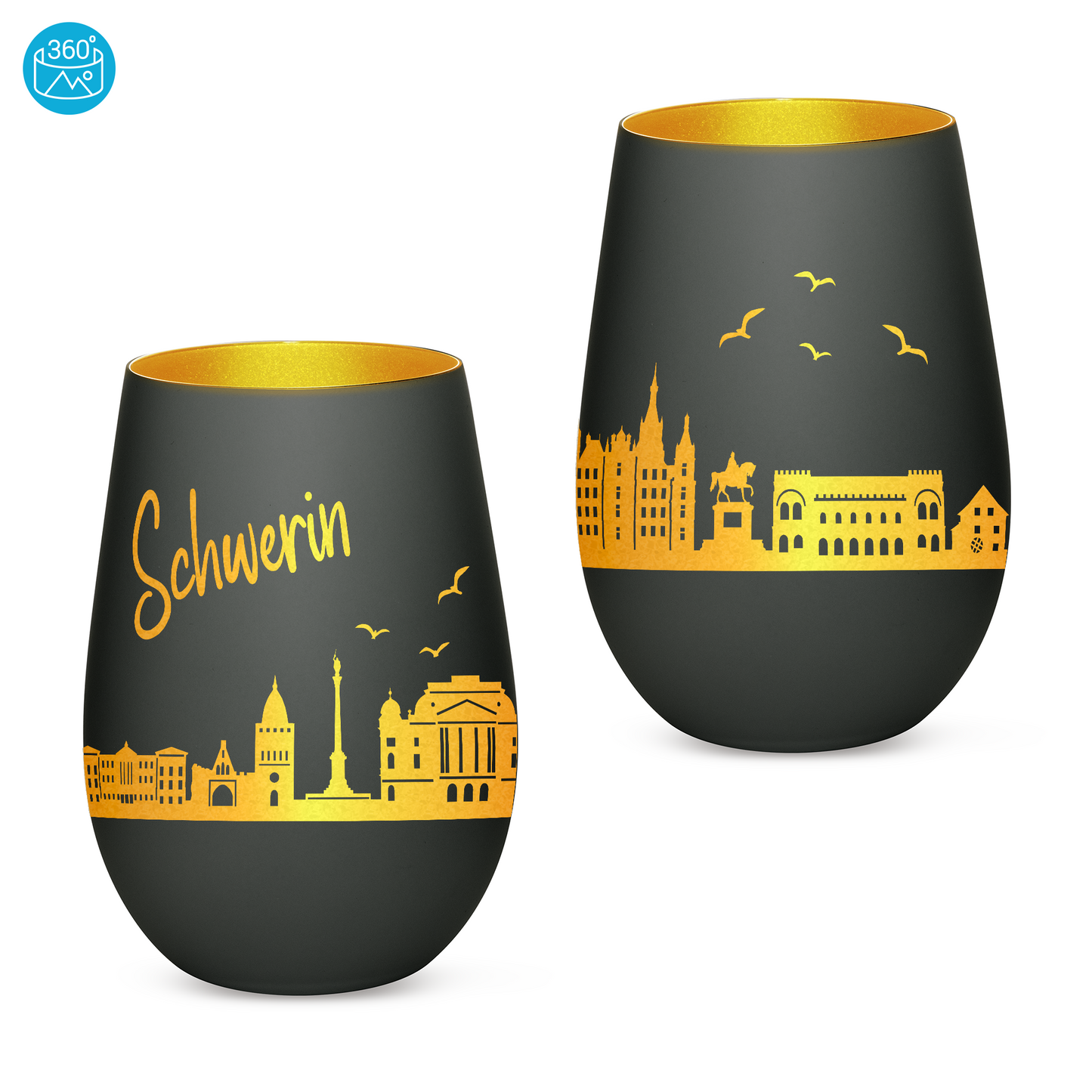 Hochwertiges Glas Windlicht mit Gravur "SKYLINE SCHWERIN" in der Farbe Schwarz/Gold