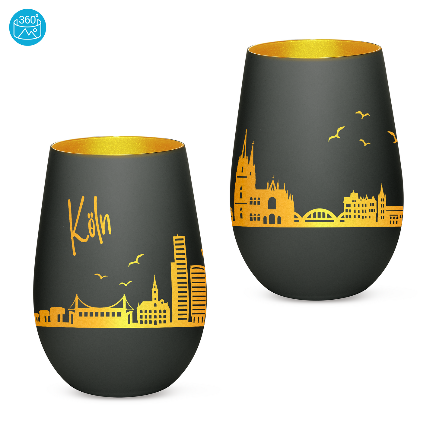 Hochwertiges Glas Windlicht mit Gravur "SKYLINE KÖLN" in der Farbe Schwarz/Gold