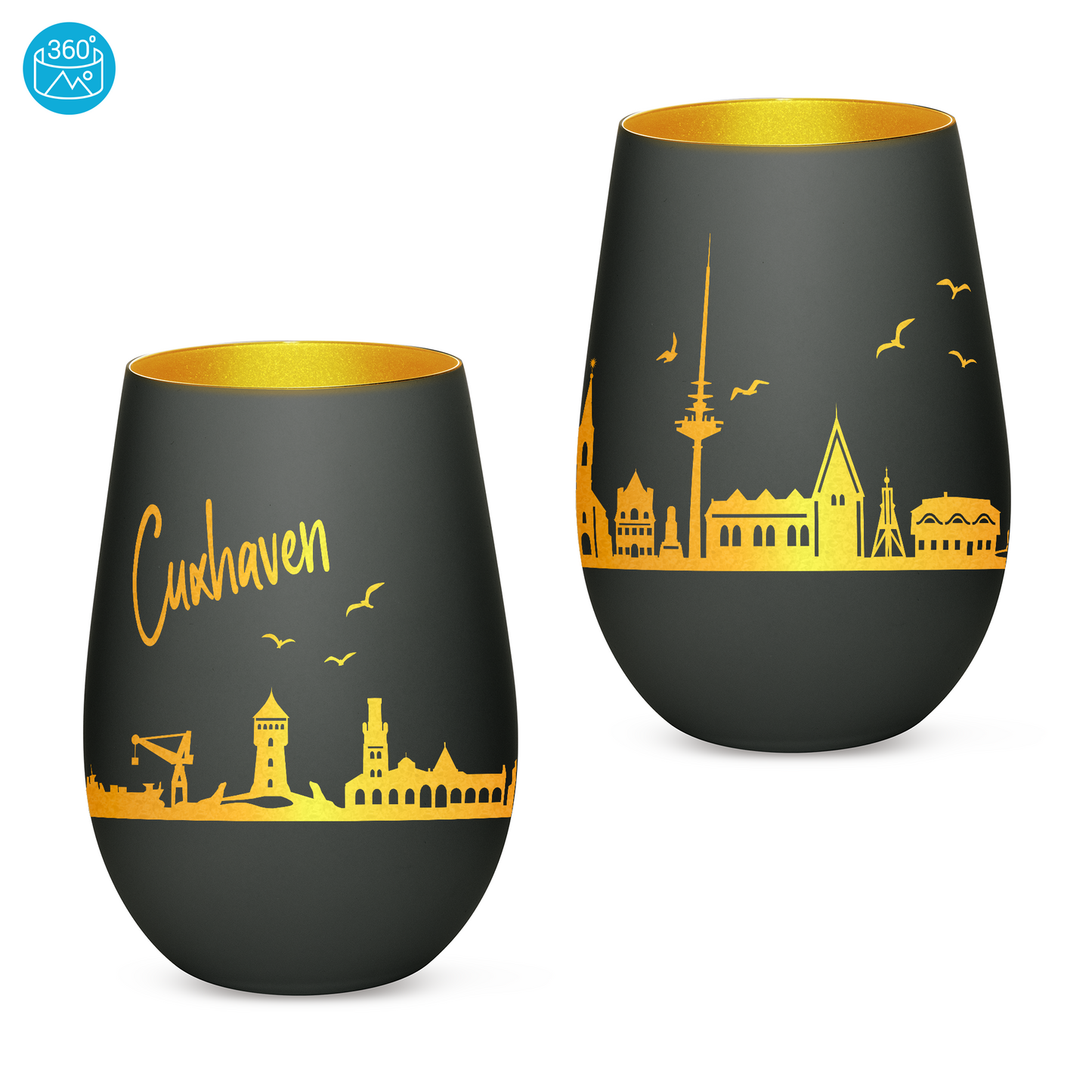 Hochwertiges Glas Windlicht mit Gravur "SKYLINE CUXHAVEN" in der Farbe Schwarz/Gold