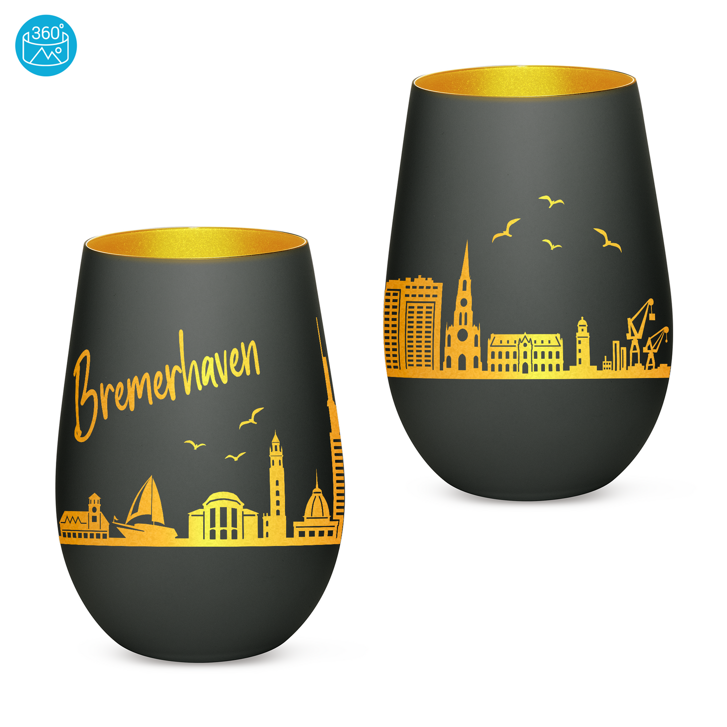 Hochwertiges Glas Windlicht mit Gravur "SKYLINE BREMERHAVEN" in der Farbe Schwarz/Gold