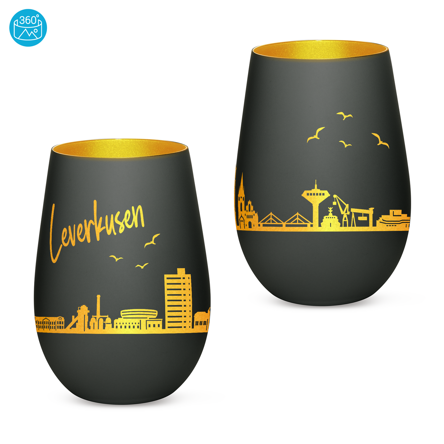 Hochwertiges Glas Windlicht mit Gravur "SKYLINE LEVERKUSEN" in der Farbe Schwarz/Gold
