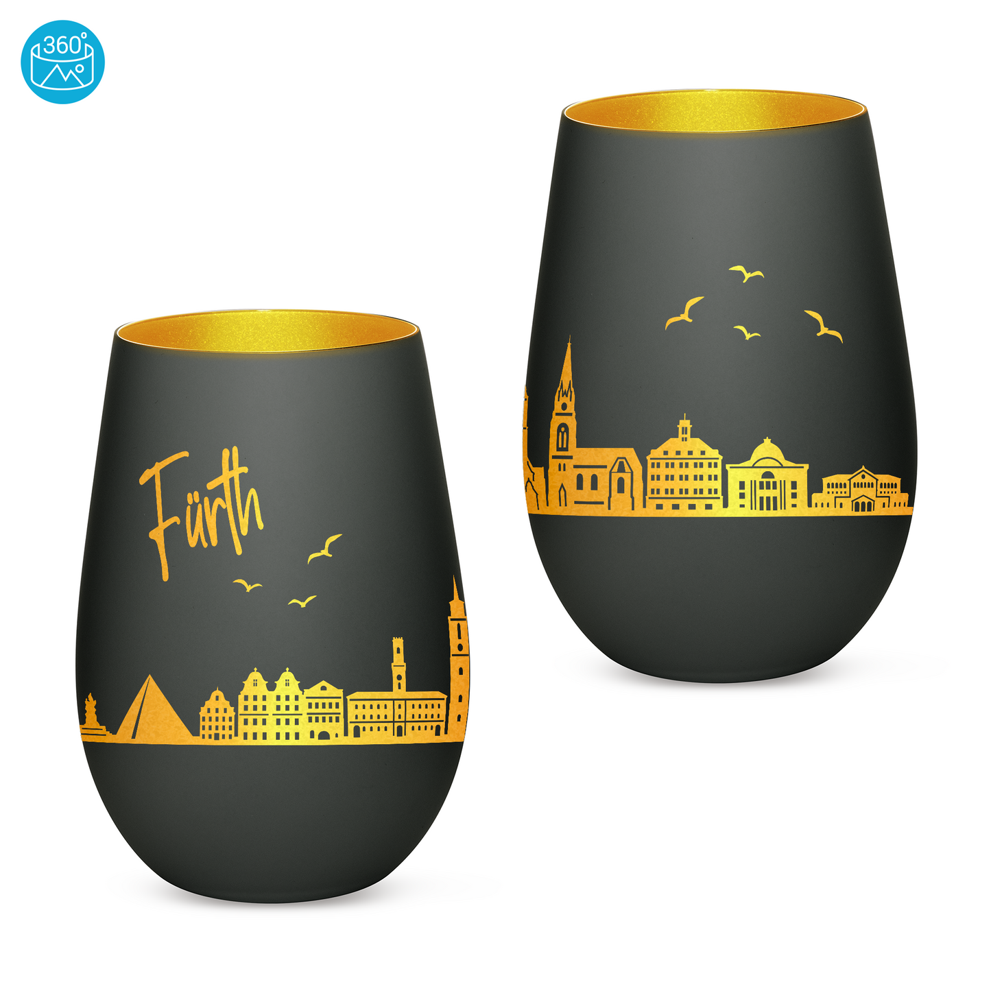 Hochwertiges Glas Windlicht mit Gravur "SKYLINE FÜRTH" in der Farbe Schwarz/Gold