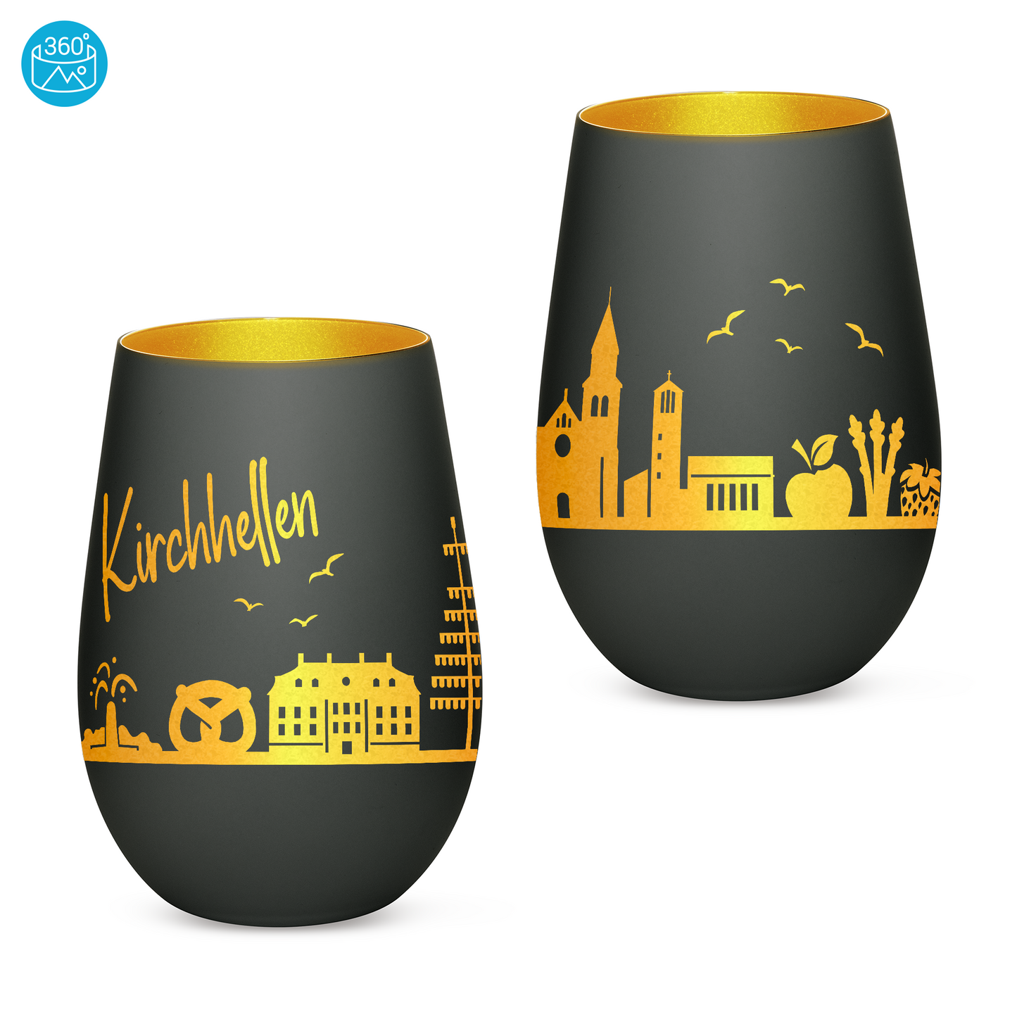 Hochwertiges Glas Windlicht mit Gravur "SKYLINE KIRCHHELLEN" in der Farbe Schwarz/Gold