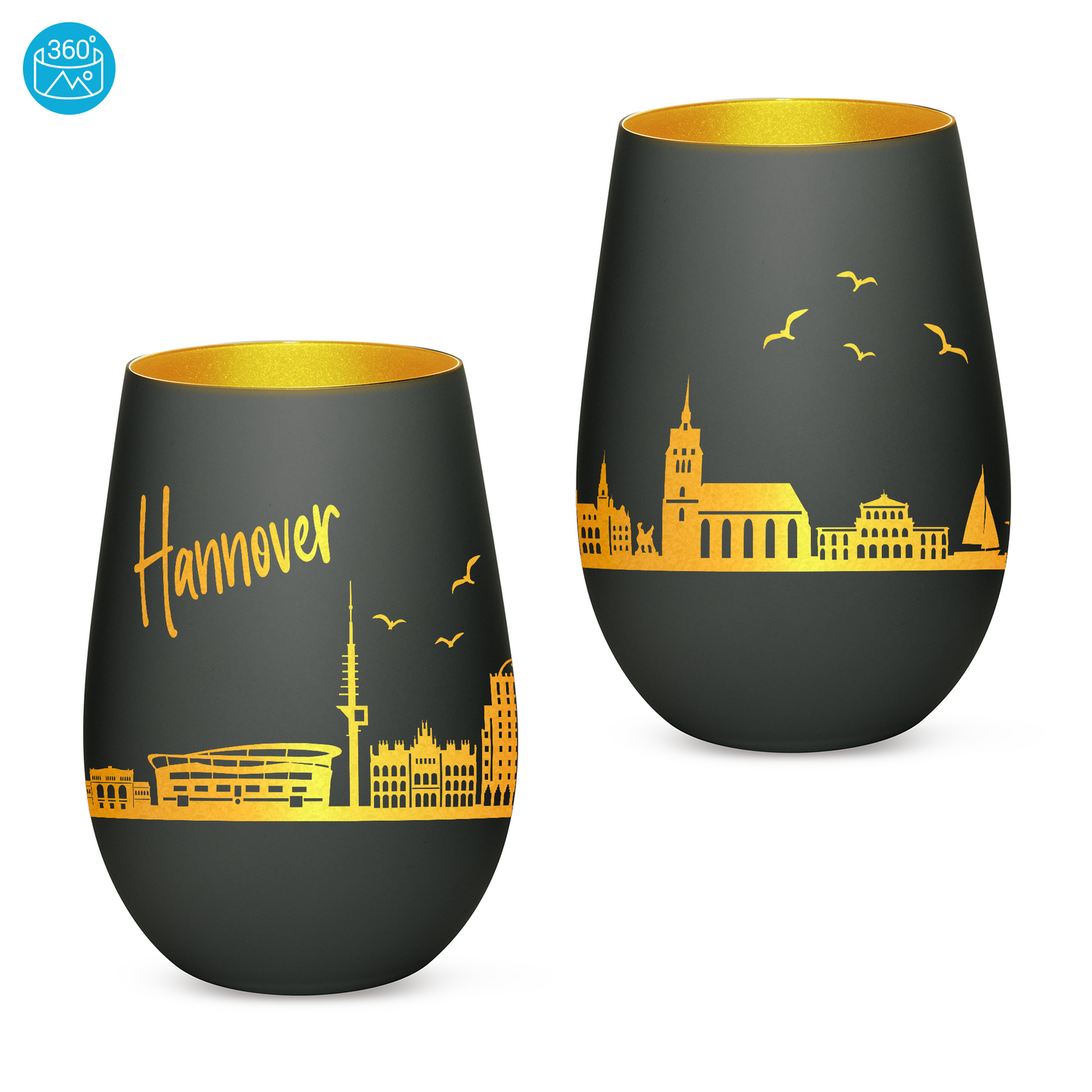 Hochwertiges Glas Windlicht mit Gravur "SKYLINE HANNOVER" in der Farbe Schwarz/Gold