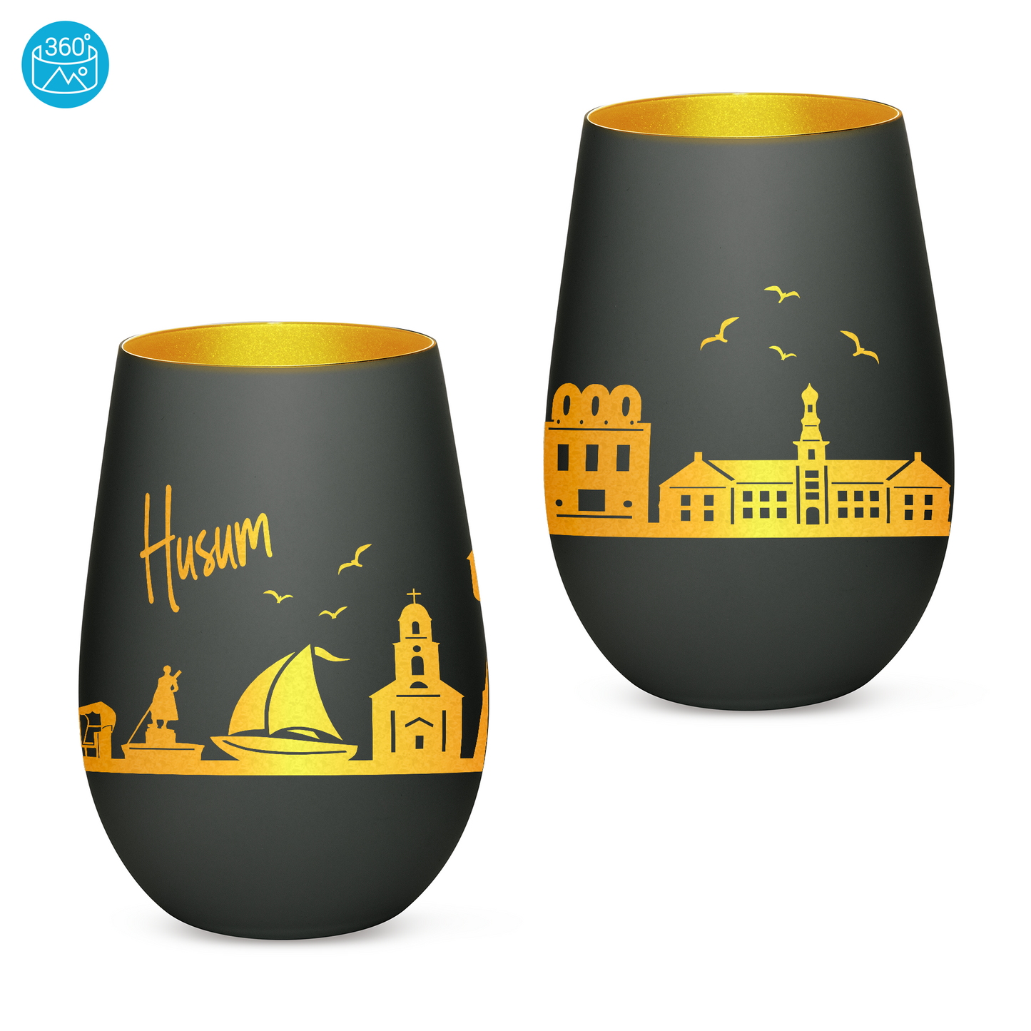 Hochwertiges Glas Windlicht mit Gravur "SKYLINE HUSUM" in der Farbe Schwarz/Gold