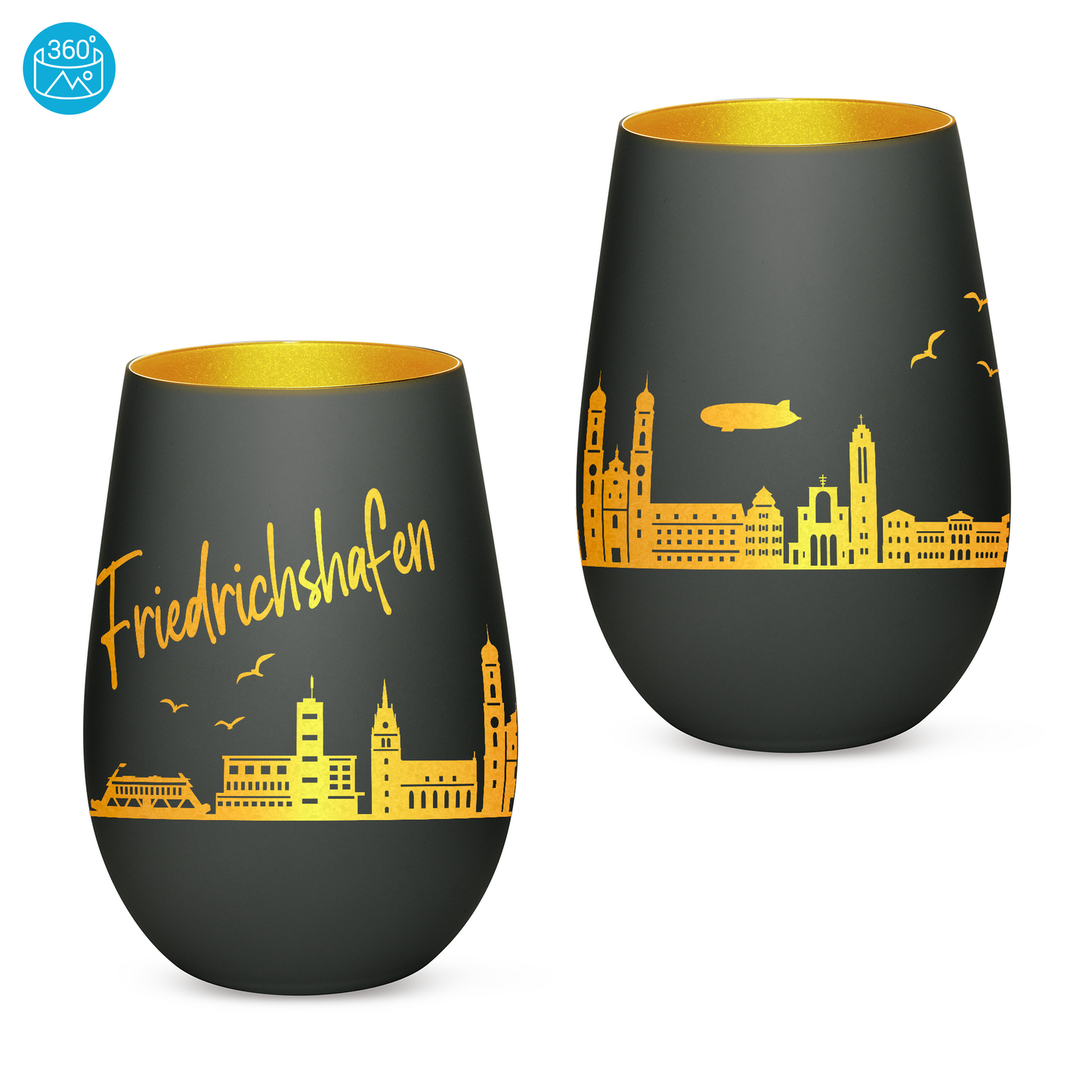 Hochwertiges Glas Windlicht mit Gravur "SKYLINE FRIEDRICHSHAFEN" in der Farbe Schwarz/Gold