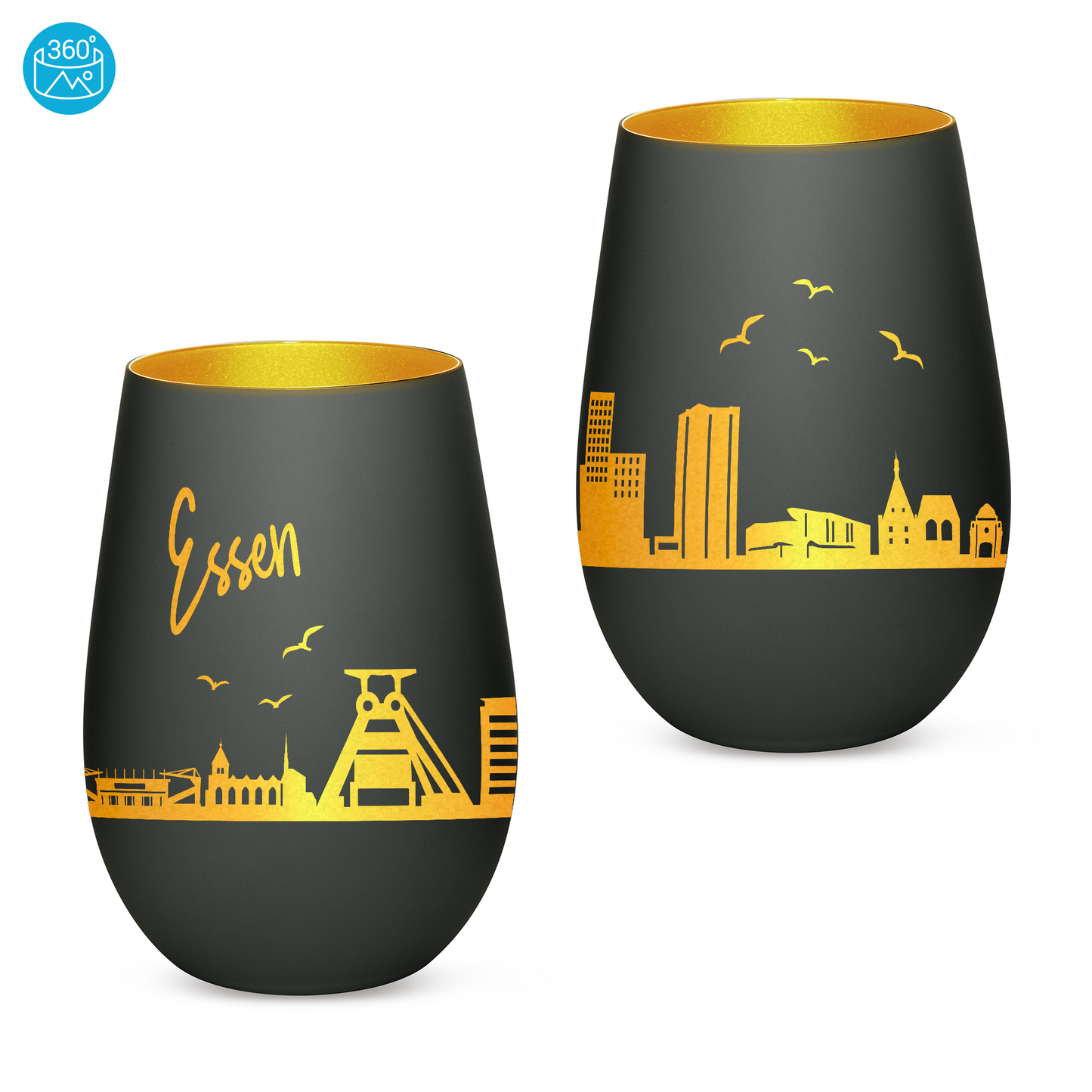 Hochwertiges Glas Windlicht mit Gravur "SKYLINE ESSEN" in der Farbe Schwarz/Gold