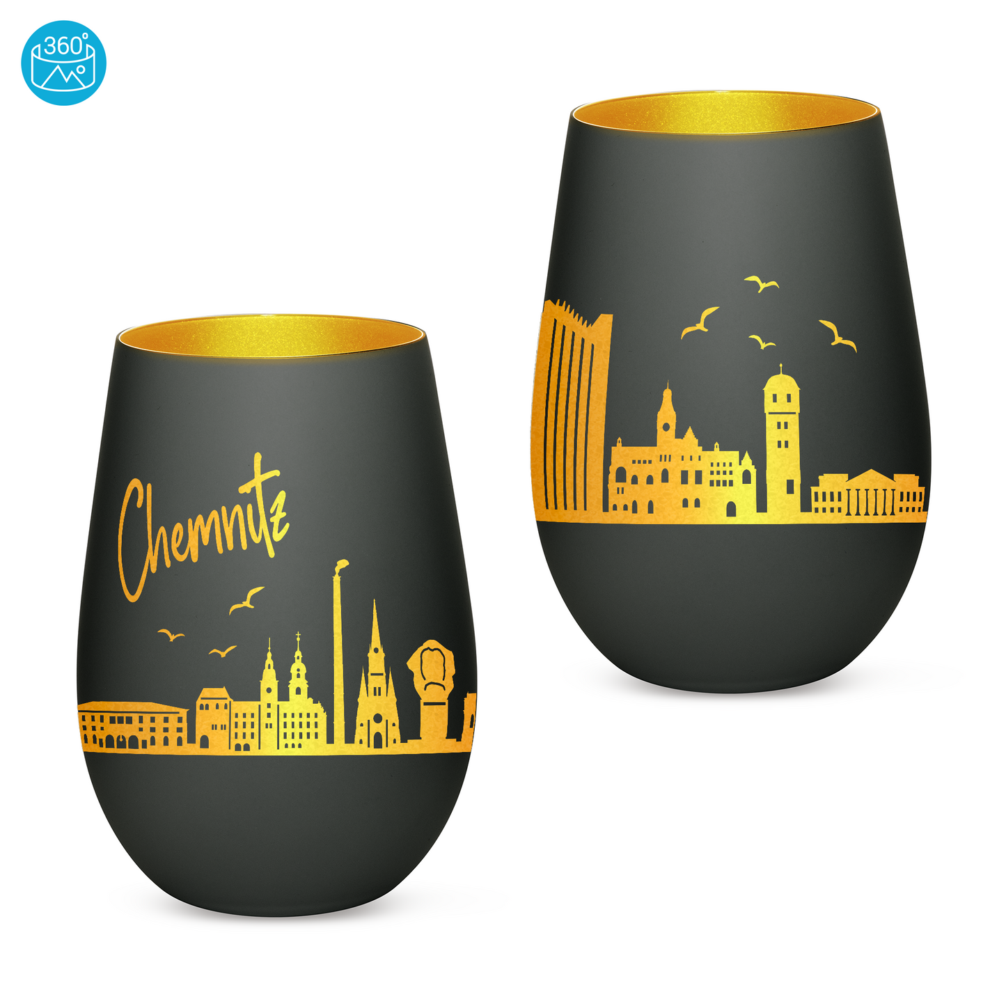 Hochwertiges Glas Windlicht mit Gravur "SKYLINE CHEMNITZ" in der Farbe Schwarz/Gold