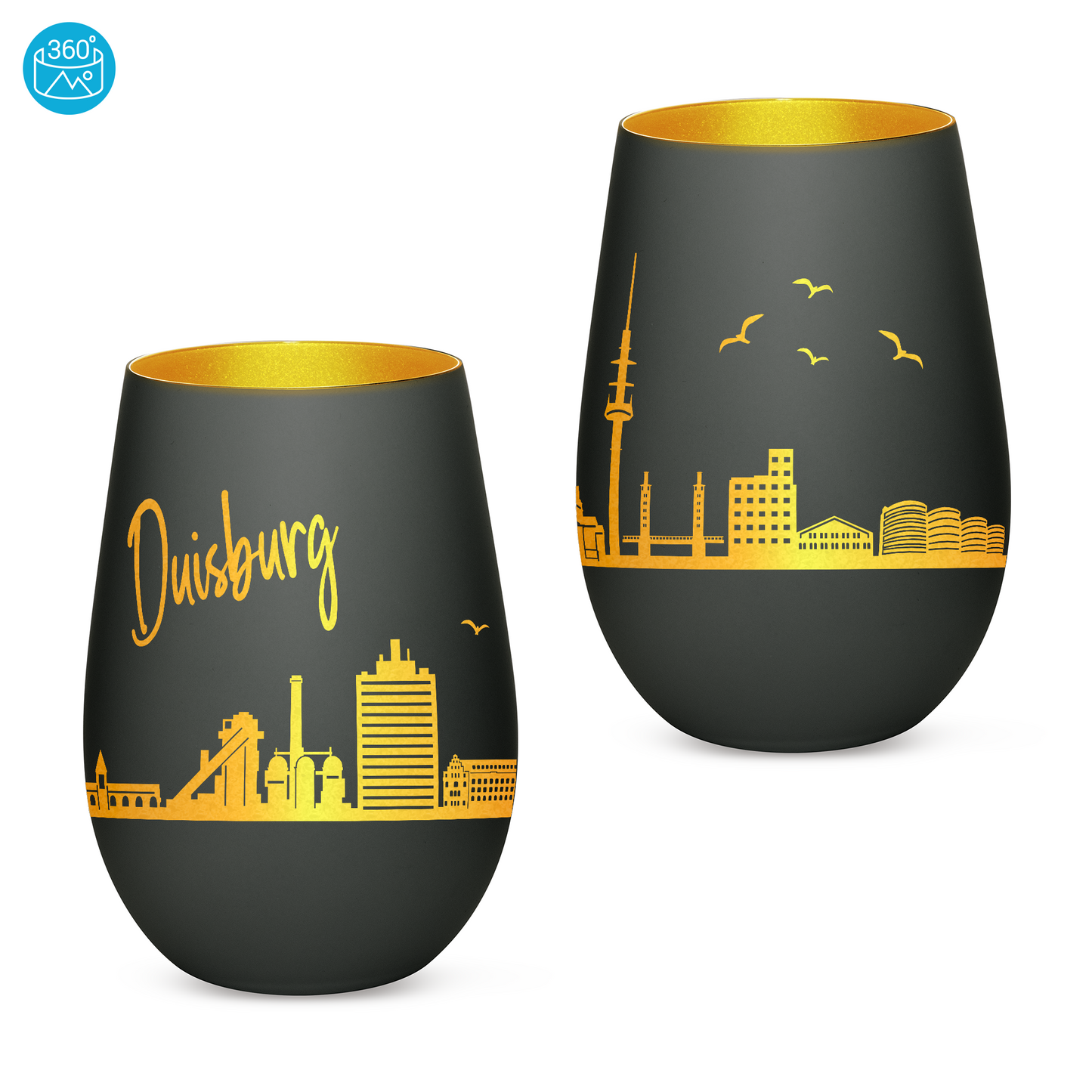Hochwertiges Glas Windlicht mit Gravur "SKYLINE DUISBURG" in der Farbe Schwarz/Gold