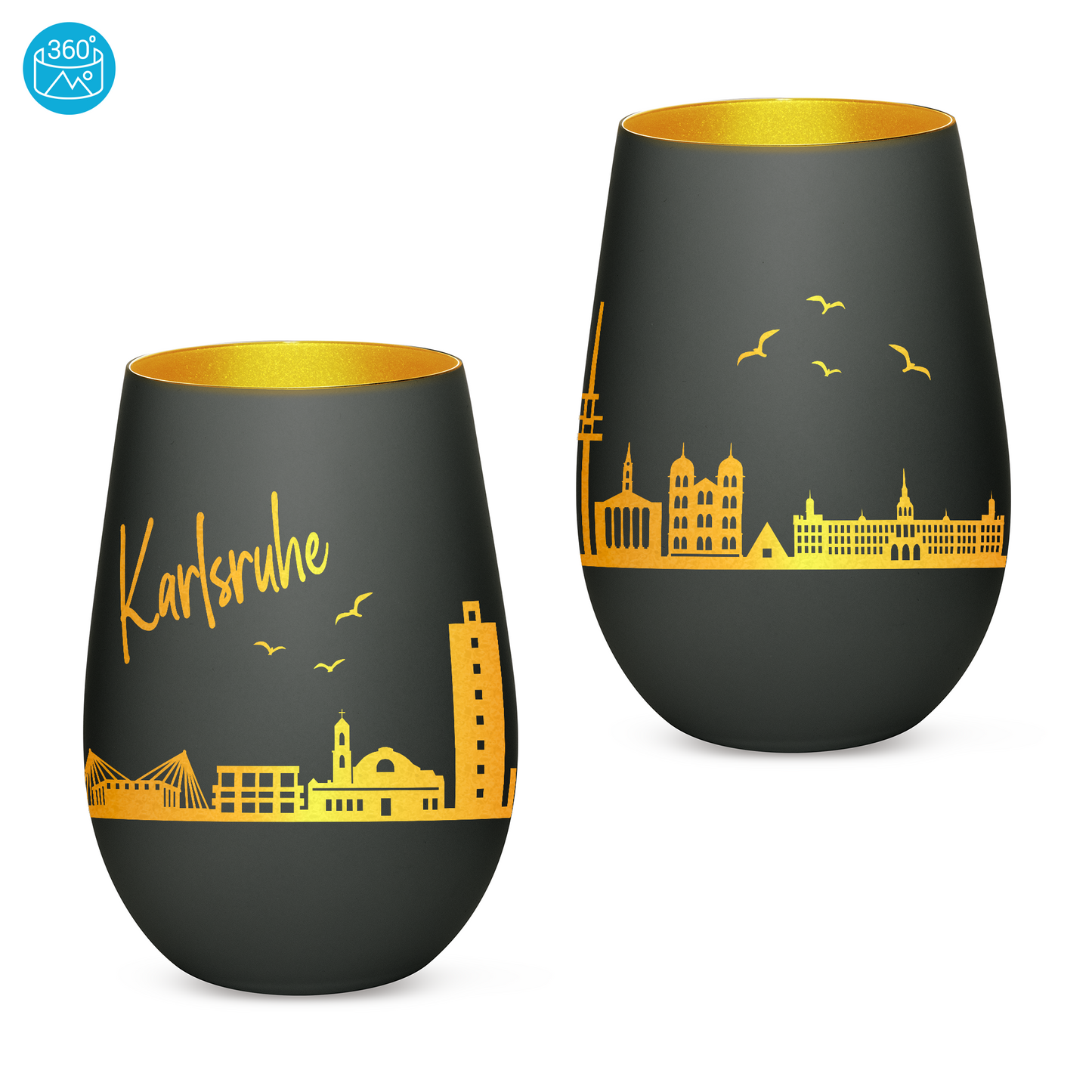Hochwertiges Glas Windlicht mit Gravur "SKYLINE KARLSRUHE" in der Farbe Schwarz/Gold