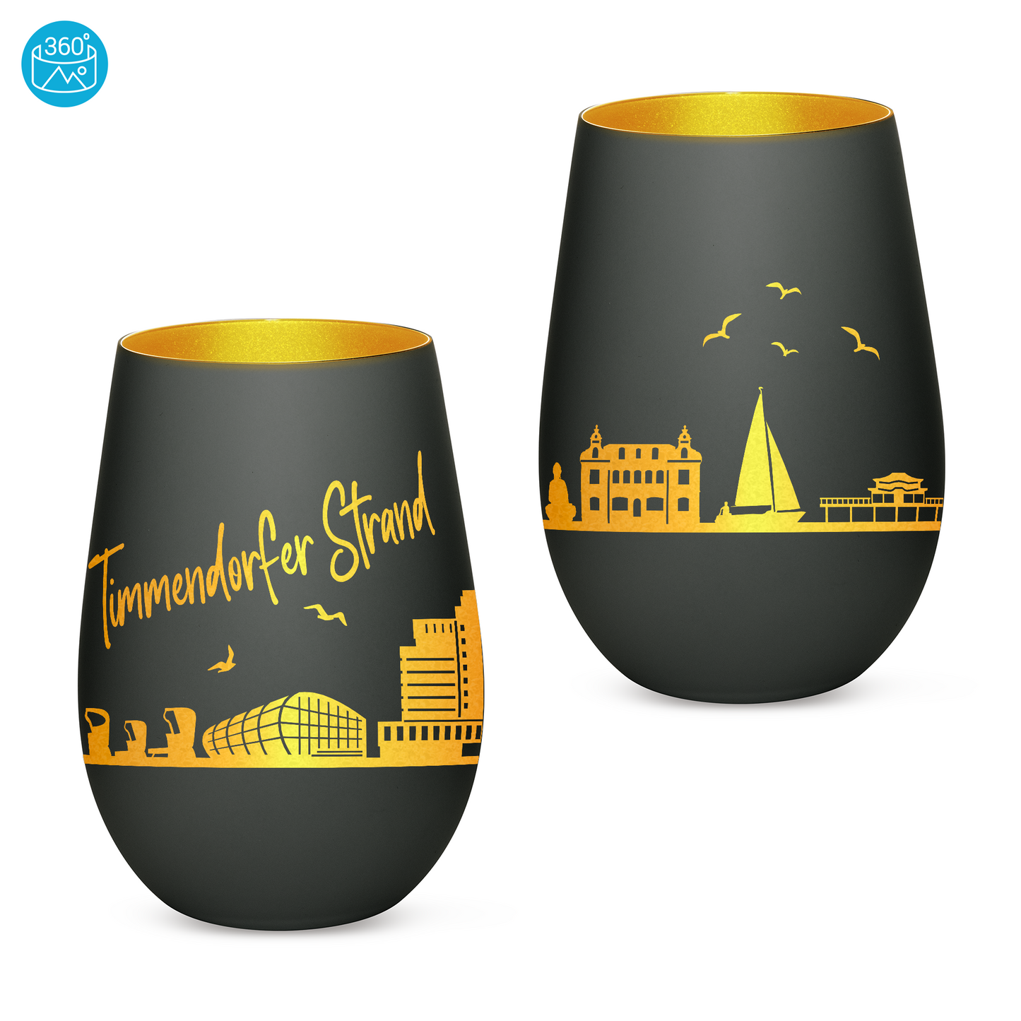 Hochwertiges Glas Windlicht mit Gravur "SKYLINE TIMMENDORFER STRAND" in der Farbe Schwarz/Gold