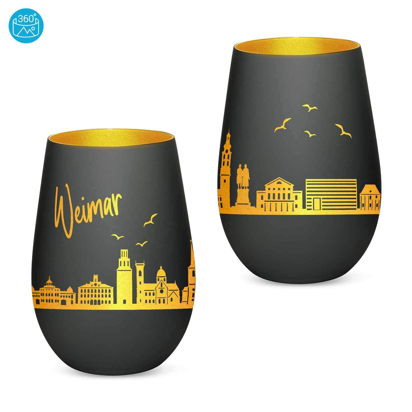 Hochwertiges Glas Windlicht mit Gravur "SKYLINE WEIMAR" in der Farbe Schwarz/Gold