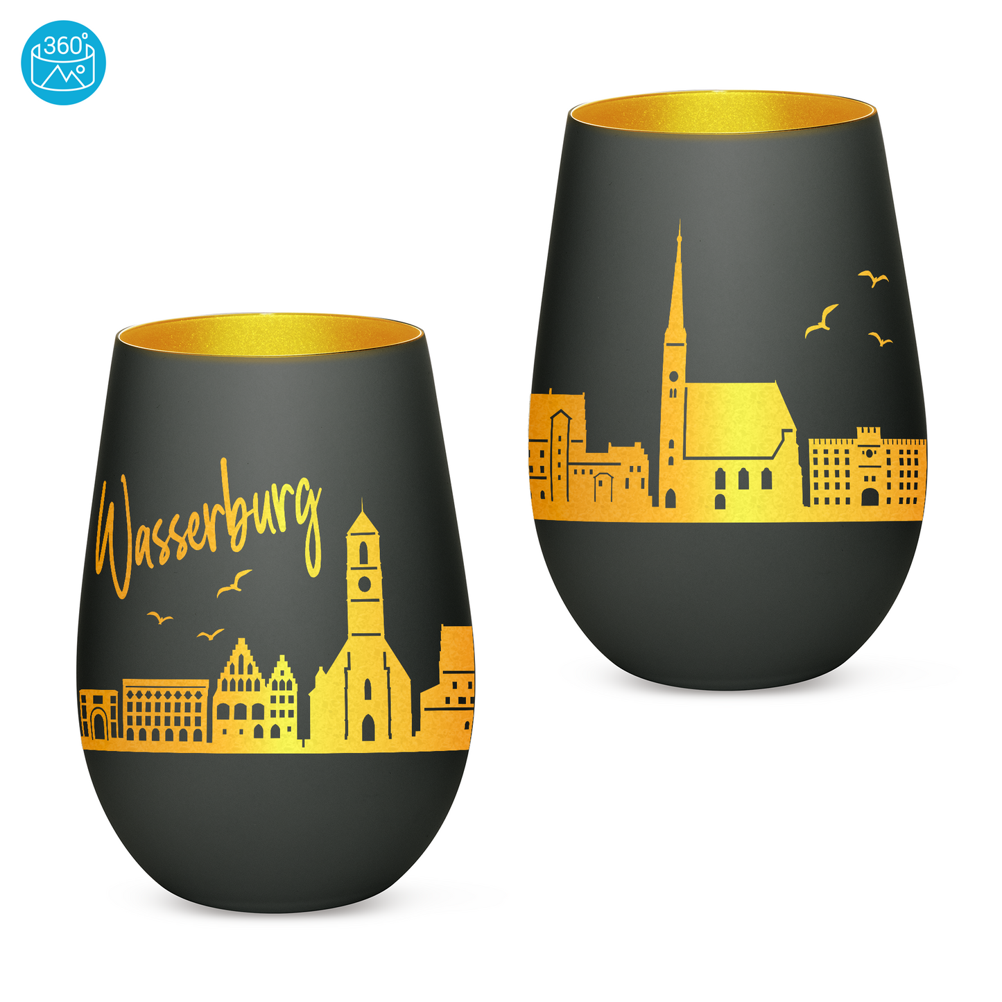Hochwertiges Glas Windlicht mit Gravur "SKYLINE WASSERBURG" in der Farbe Schwarz/Gold