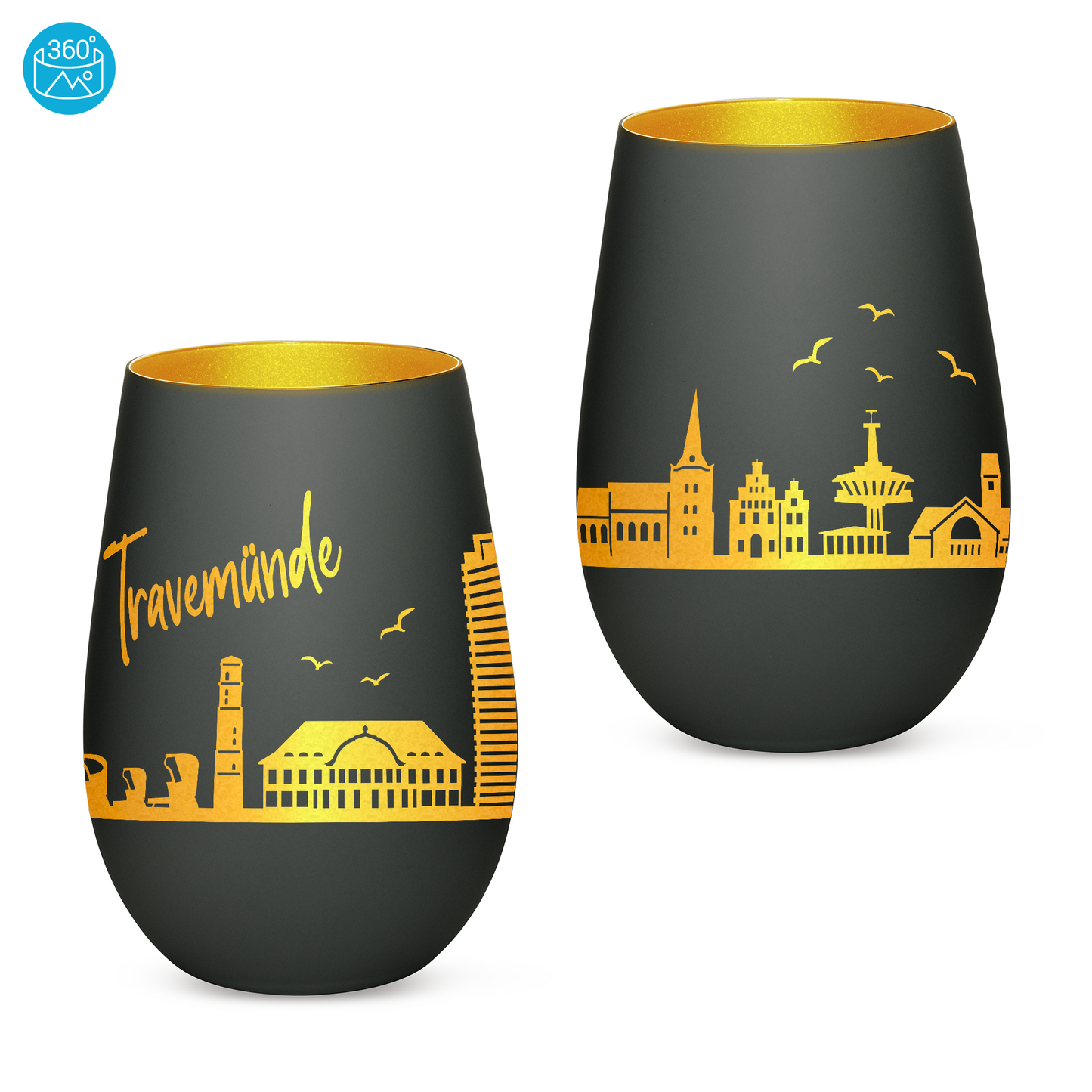 Hochwertiges Glas Windlicht mit Gravur "SKYLINE TRAVEMÜNDE" in der Farbe Schwarz/Gold