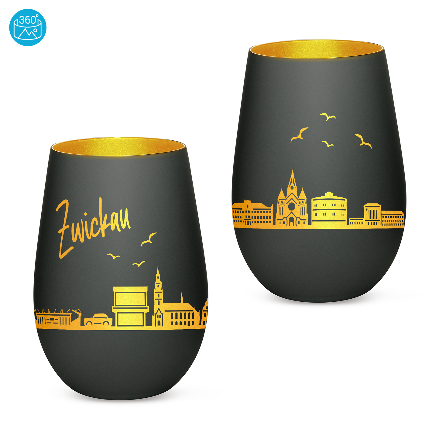 Hochwertiges Glas Windlicht mit Gravur "SKYLINE ZWICKAU" in der Farbe Schwarz/Gold