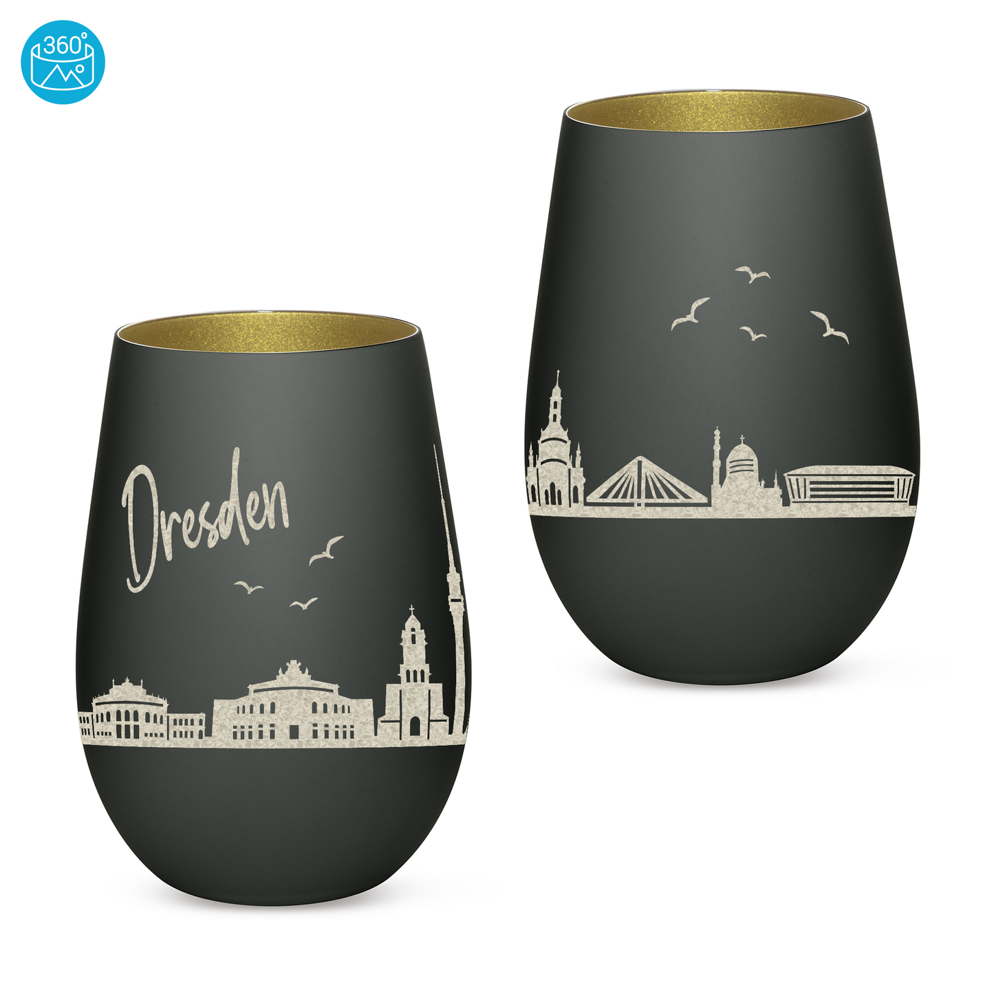Hochwertiges Glas Windlicht mit Gravur "SKYLINE DRESDEN" in der Farbe Schwarz/Gold