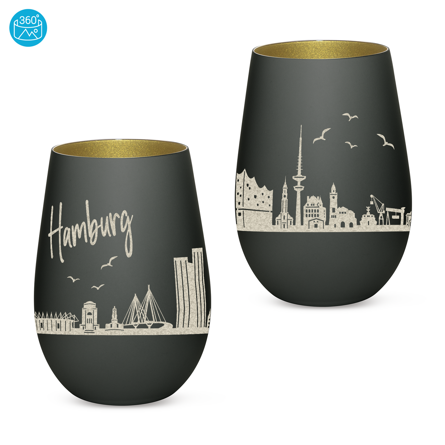 Hochwertiges Glas Windlicht mit Gravur "SKYLINE HAMBURG" in der Farbe Schwarz/Gold
